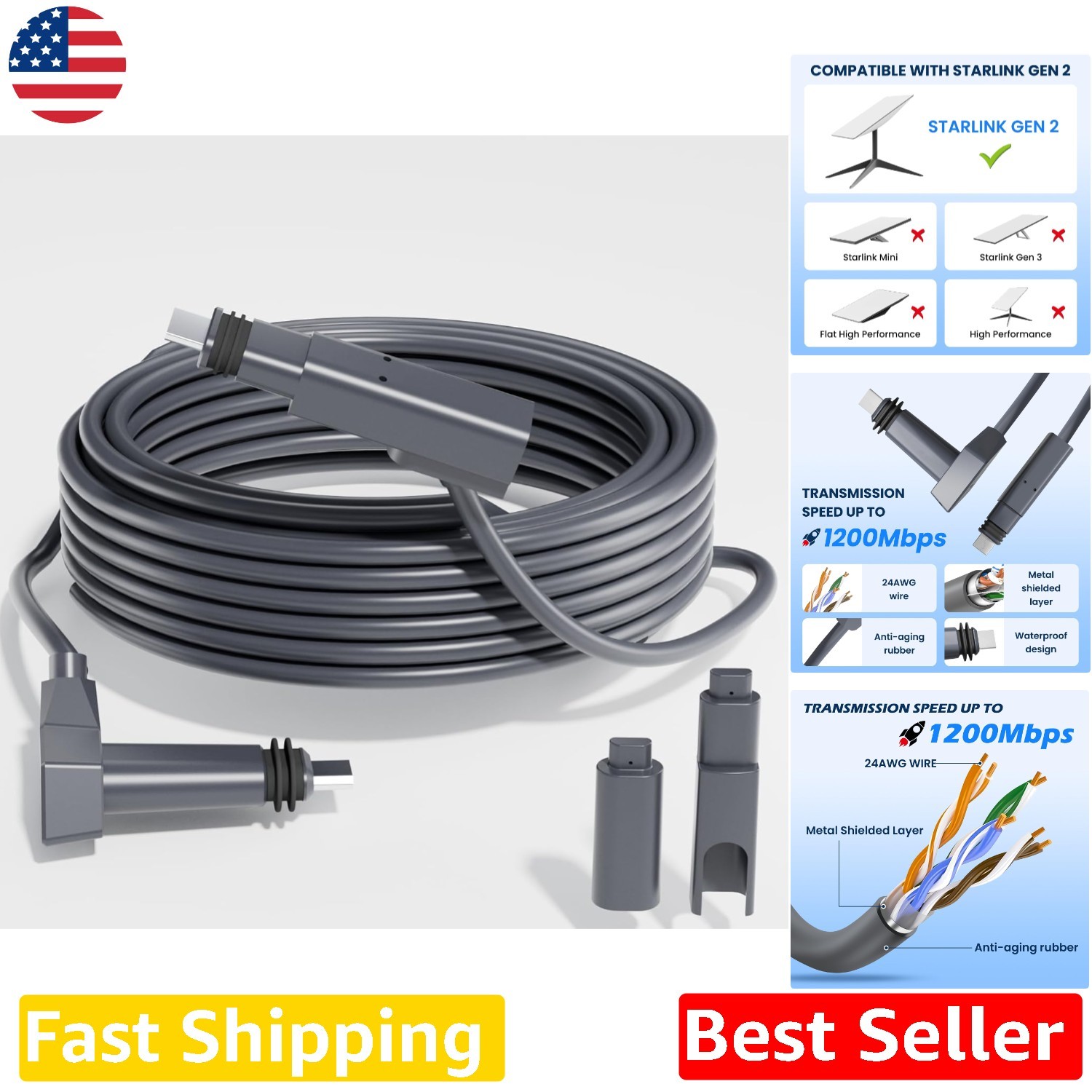 Genuine Starlink Cable 75ft Gen 2 Ethernet Uv Resistant Heat Resistant Gray