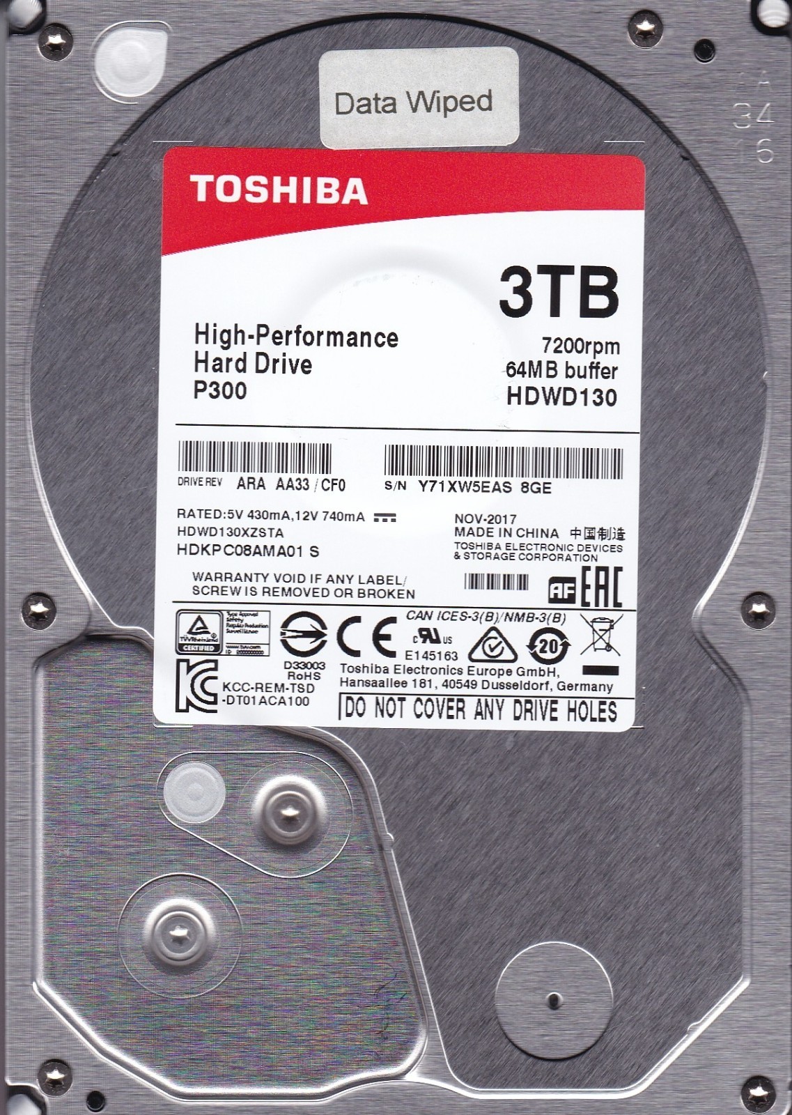 HDWD130XZSTA ARAAA33/CF0 HDKPC08AMA01 S "MS7930" SATA 3.5 China NOV-2017 TOSHIBA