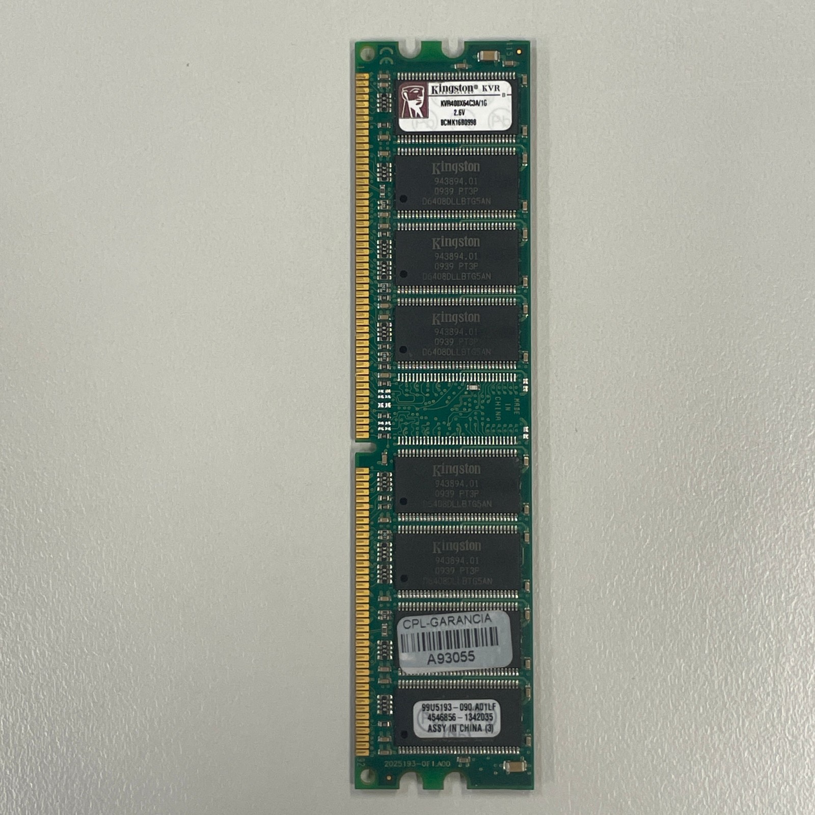 Kingston 1GB DDR1 RAM PC-3200 400MHz CL3 2.5V non-ECC DIMM KVR400X64C3A/1G