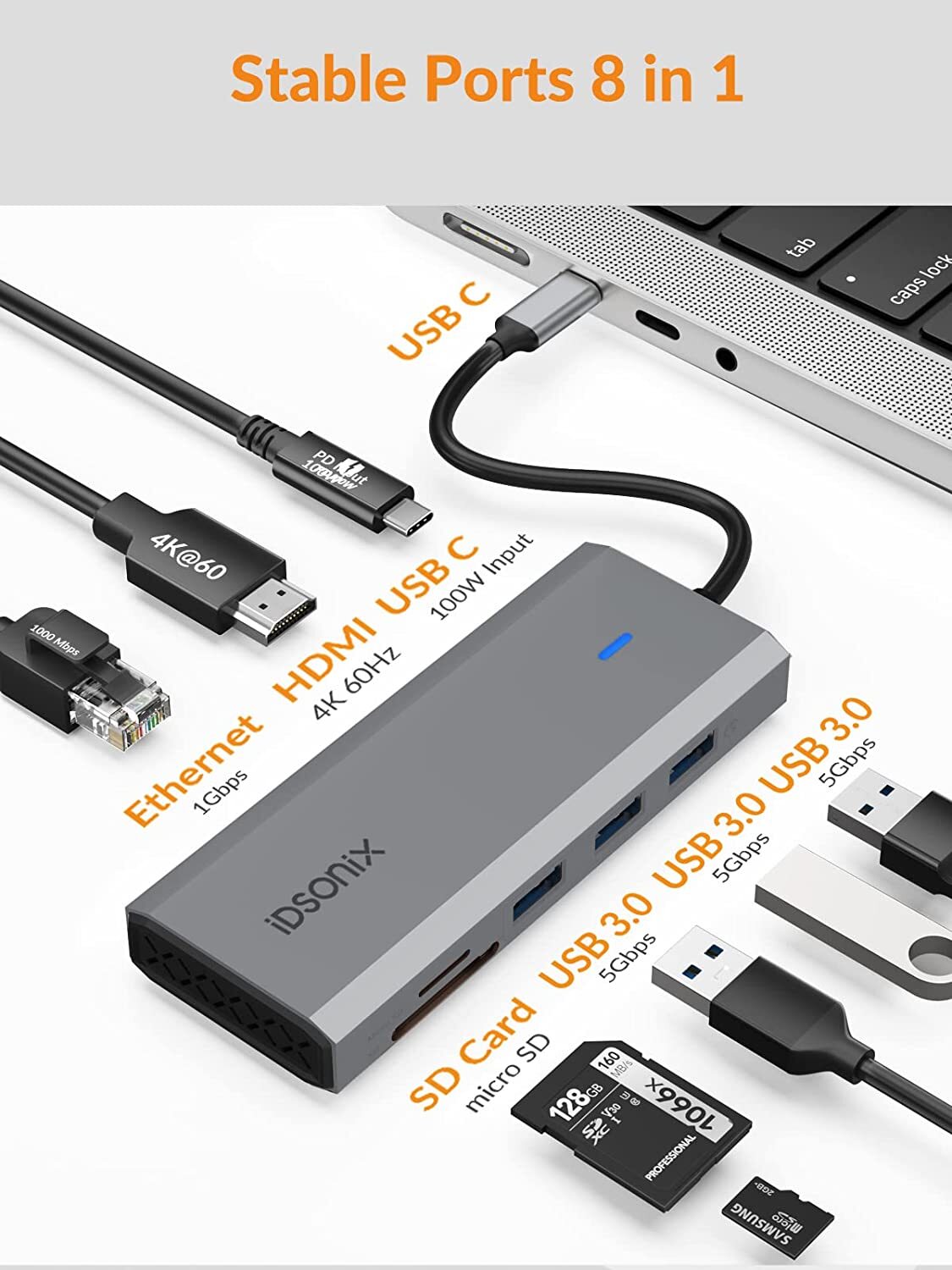 5/8 in-1 USB C USB 3.0 Hub Multiport Adapter Docking Station 4K HDMI for Dell PC