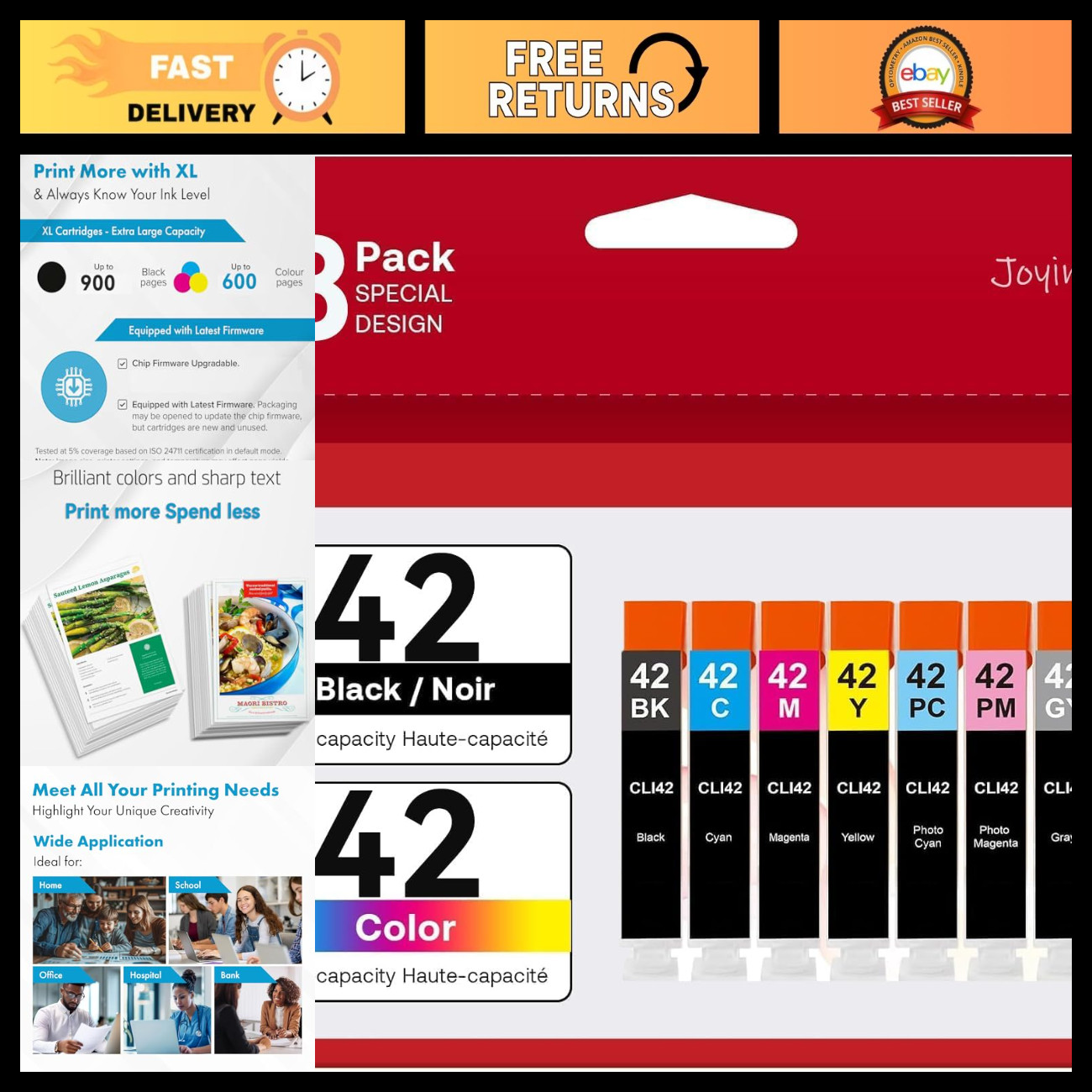 8-Pack Compatible CLI-42 Ink Cartridges for Canon Printers - High Yield, Vibrant