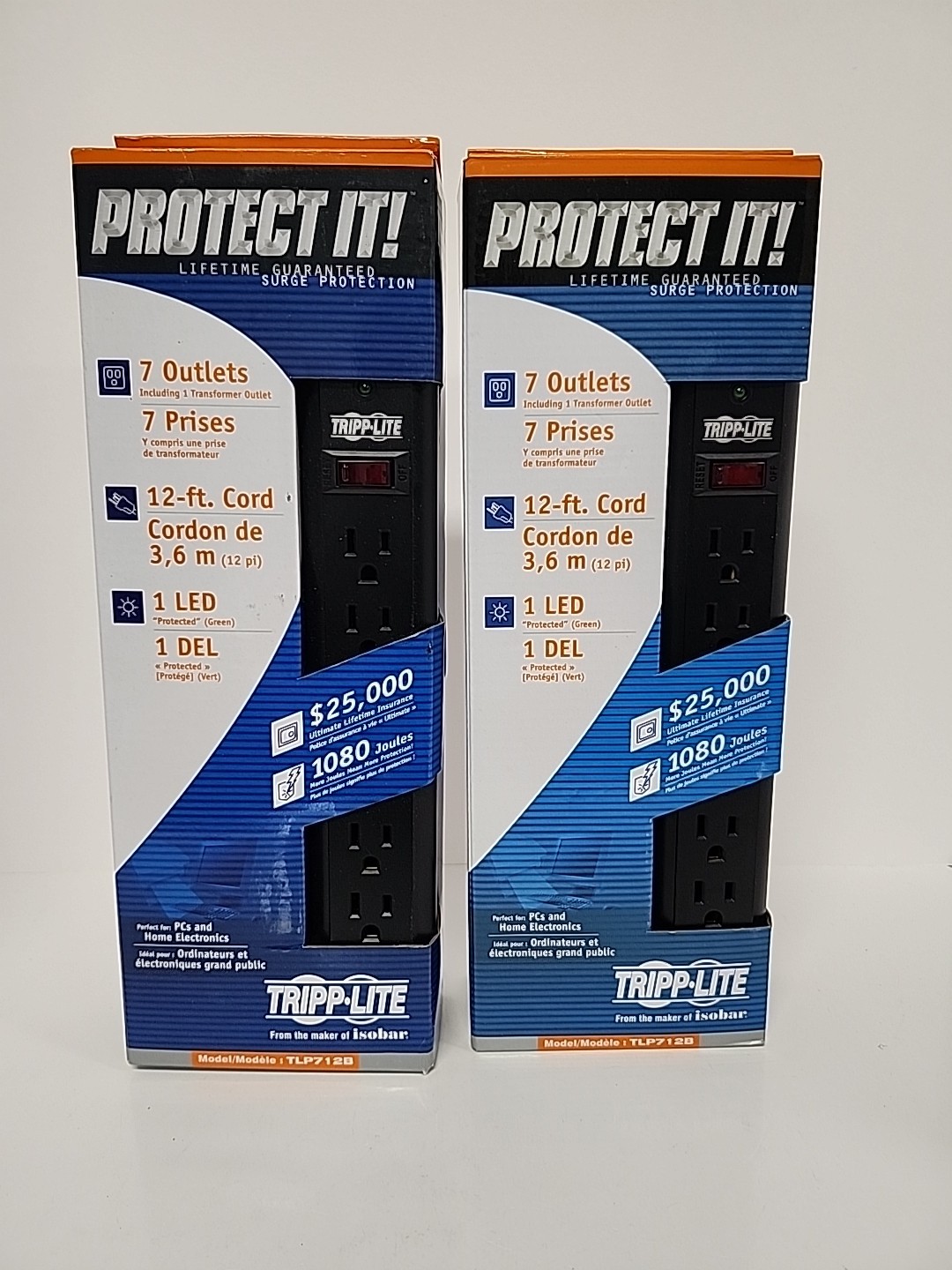 (Lot of 2)-Tripp Lite #TLP712B 7 Outlet 12ft Cord 1080 Joules Black NIB