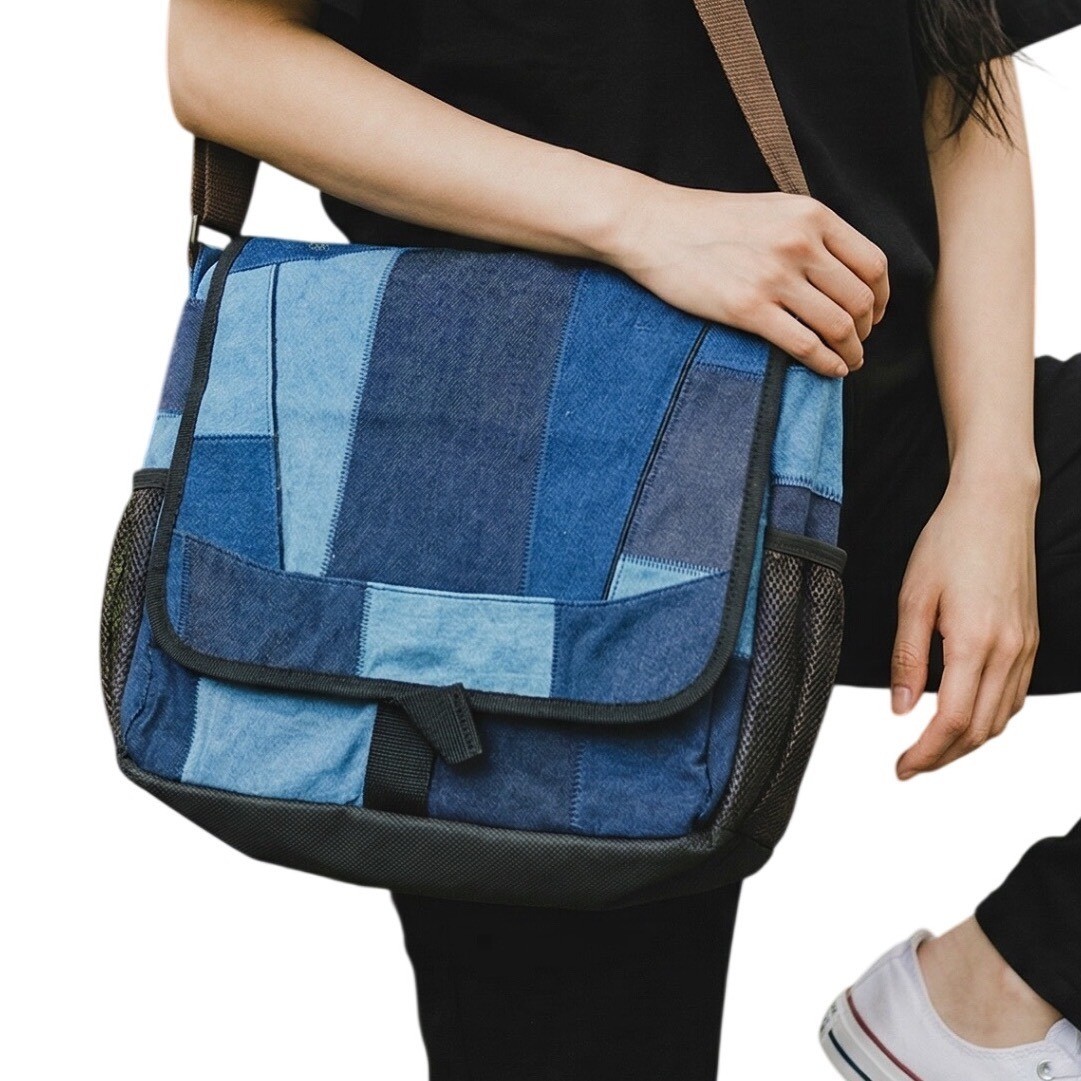 TerraCycle Denim Laptop Messenger Bag Upcycled Patchwork Blue Eco Friendly NWT