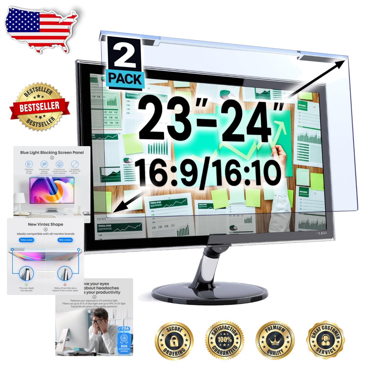 24" Blue Light Filter 2-Pack for Monitors Eye Strain Relief