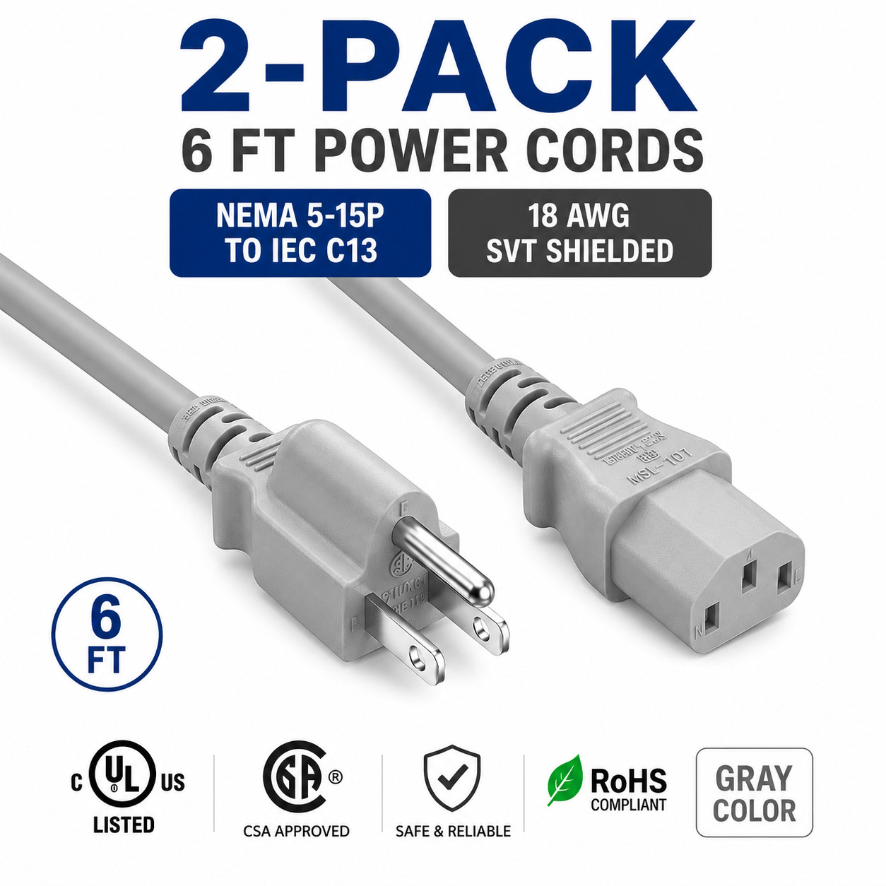 2-Pack 6ft NEMA 5-15P to IEC C13 Power Cord Gray 18AWG SVT Shielded UL CSA