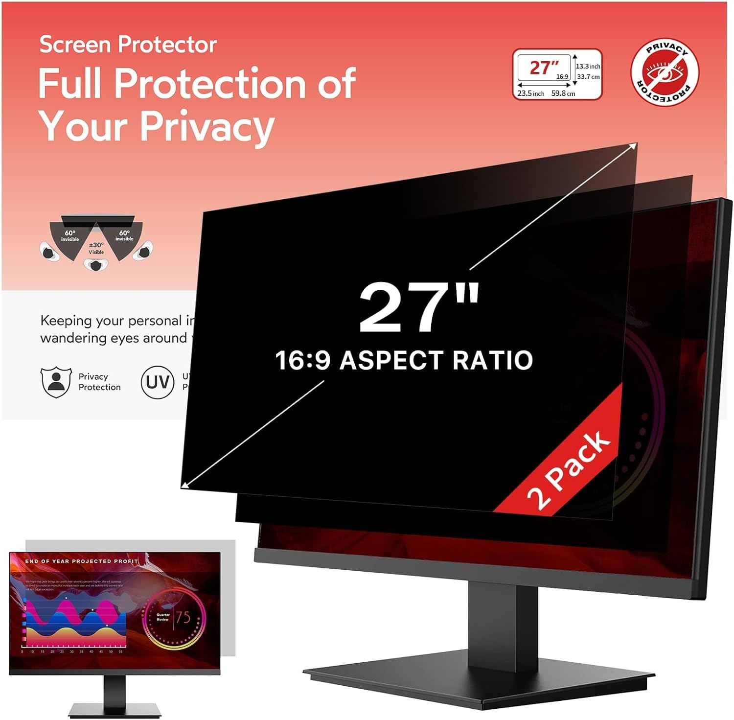 2 Pack 27 inch Removable Computer Privacy Screen Filter for 16:9 Ratio Monitor