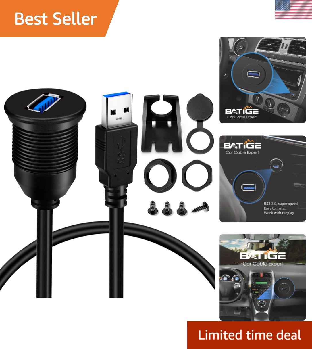 3ft USB 3.0 Male-Female Flush Mount Cable for Car Dashboard - Waterproof Utility
