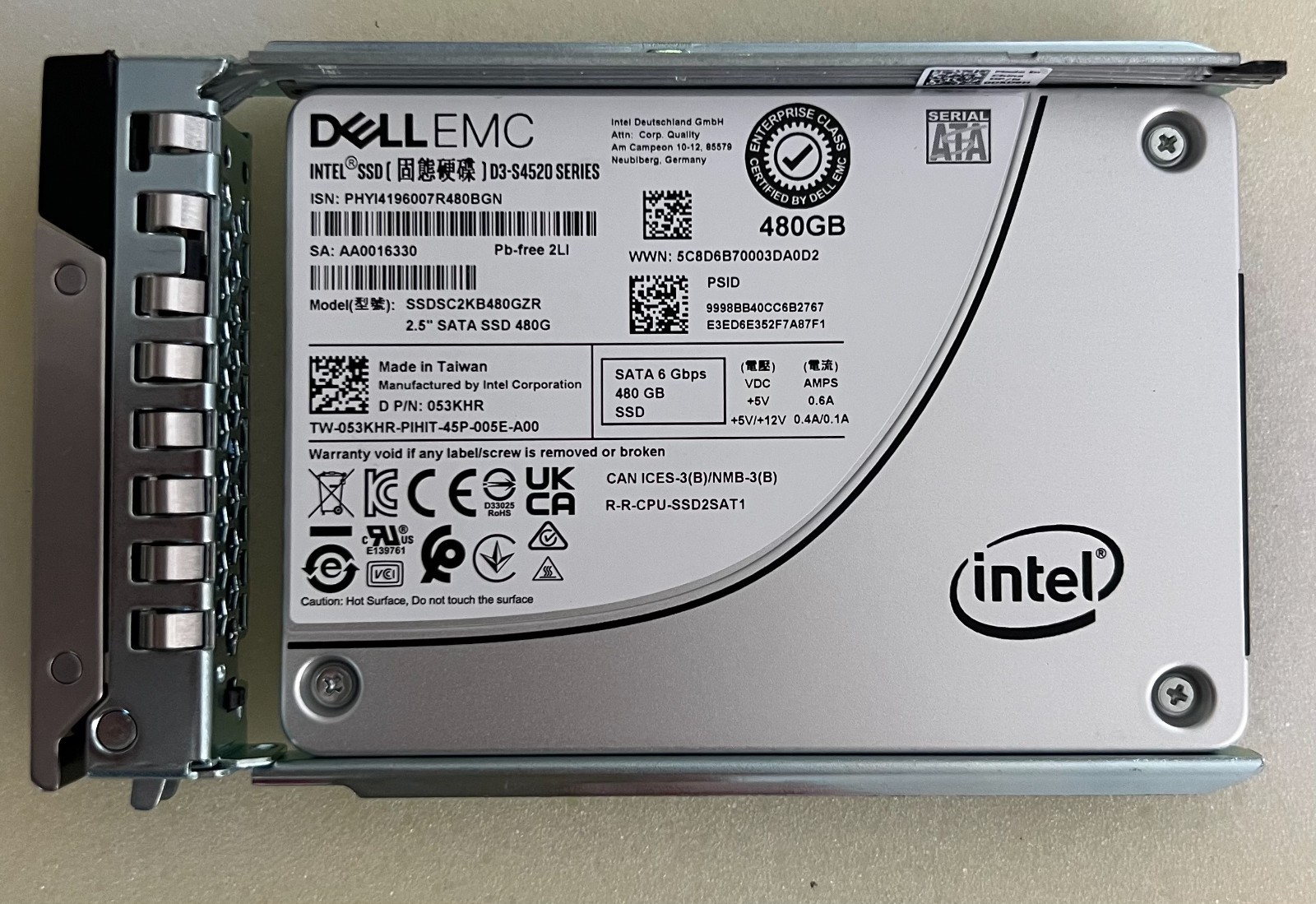 53KHR Dell Intel 480GB SATA 6G TLC RI 2.5" SSD SSDSC2KB480GZR D3-S4520 053KHR
