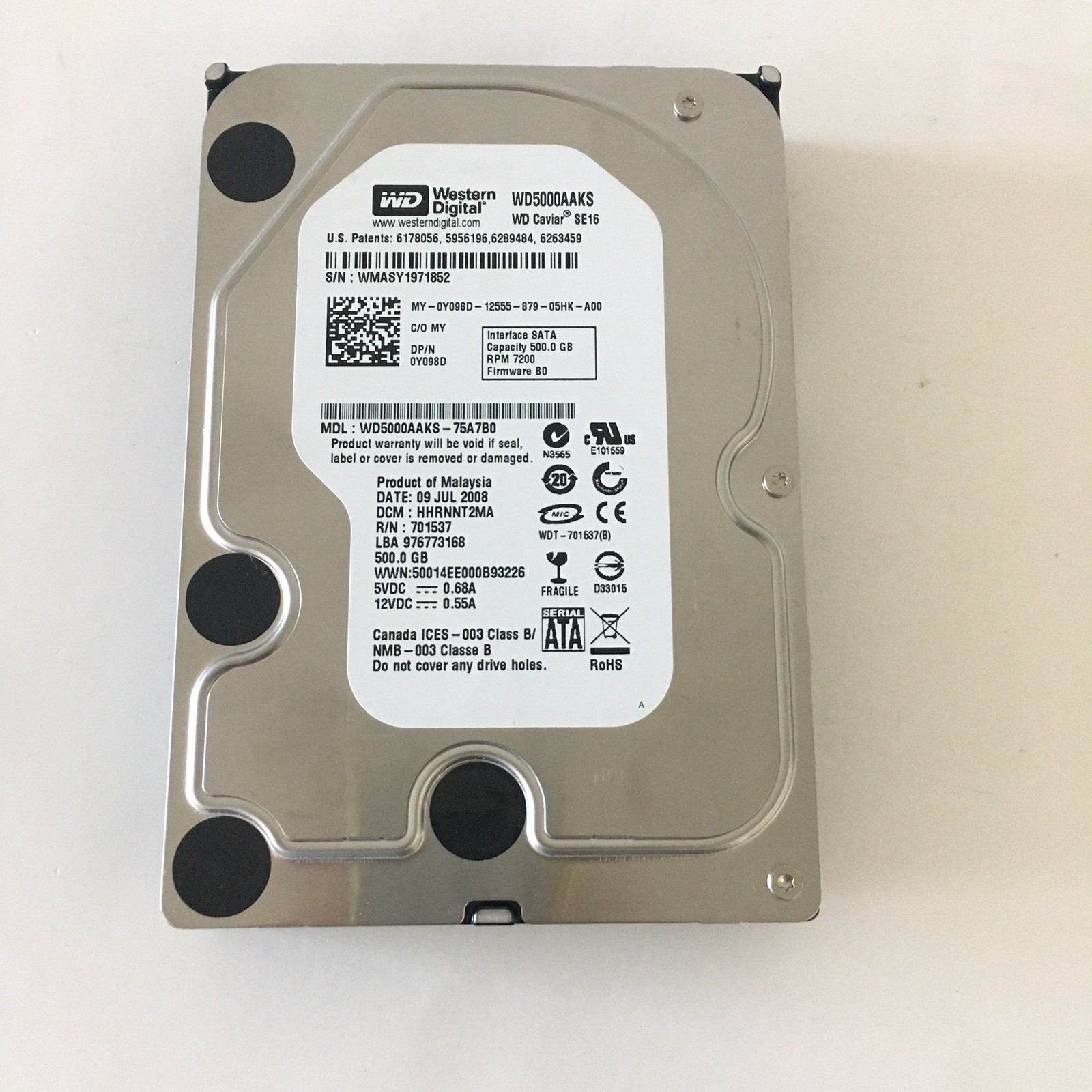 WD WD5000AAKS-75A7B0 HHRNNT2MA 500gb 3.5" Sata HDD 09JUL2008