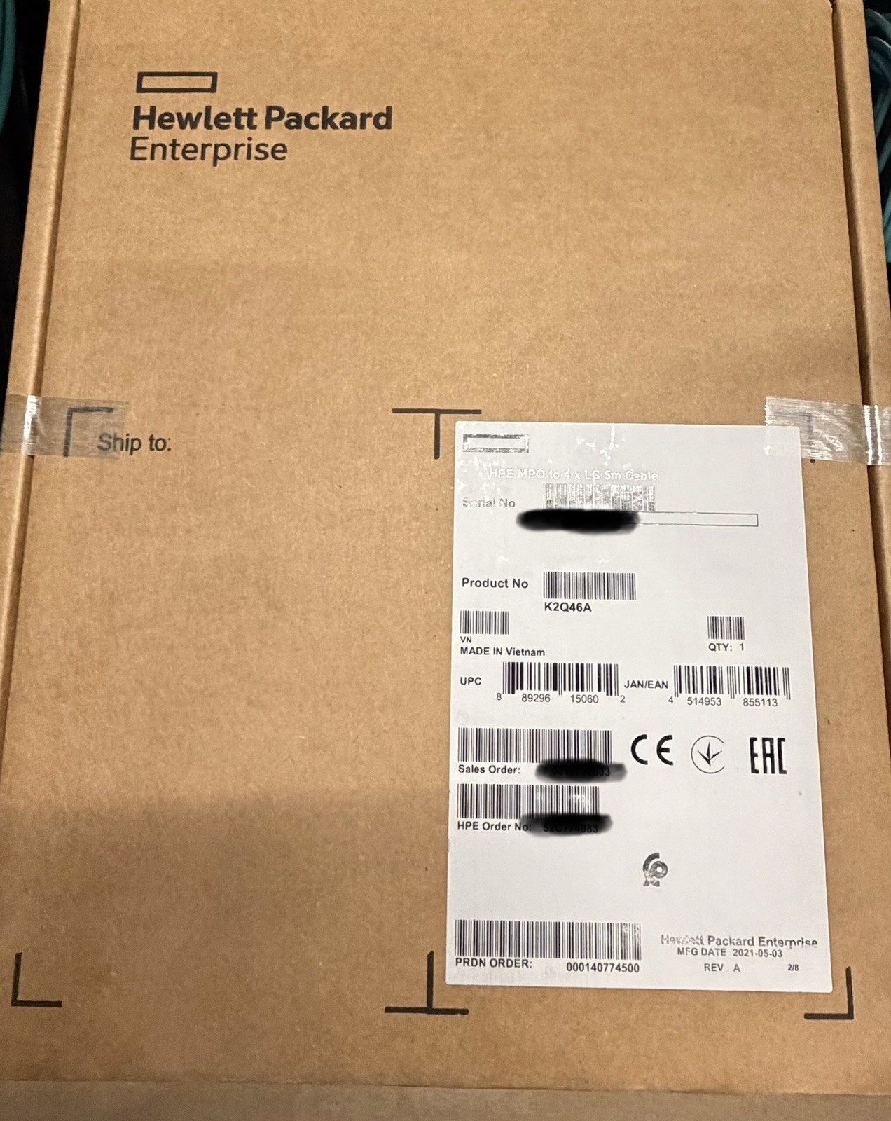 NEW Sealed HPE MPO to 4 x LC 5M Breakout Splitter Cable 800867-001 K2Q46A