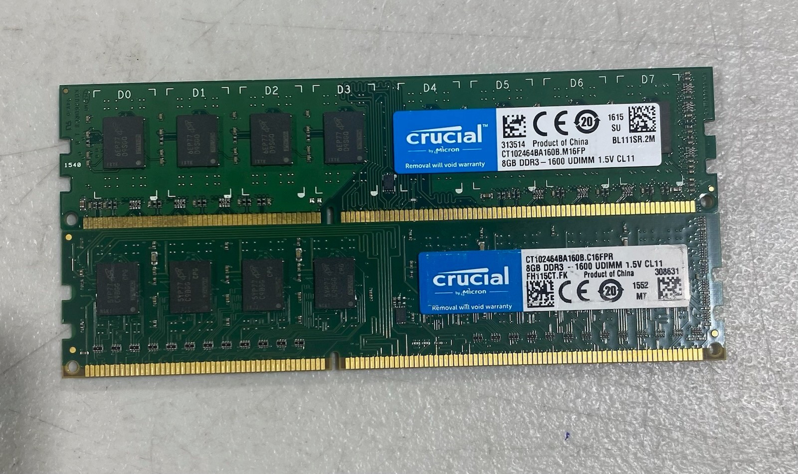 LOT of 2 8GB DDR3 Crucial Desktop Ram 1600MHZ  (16GB total)  CT102464BA160B 1.5V