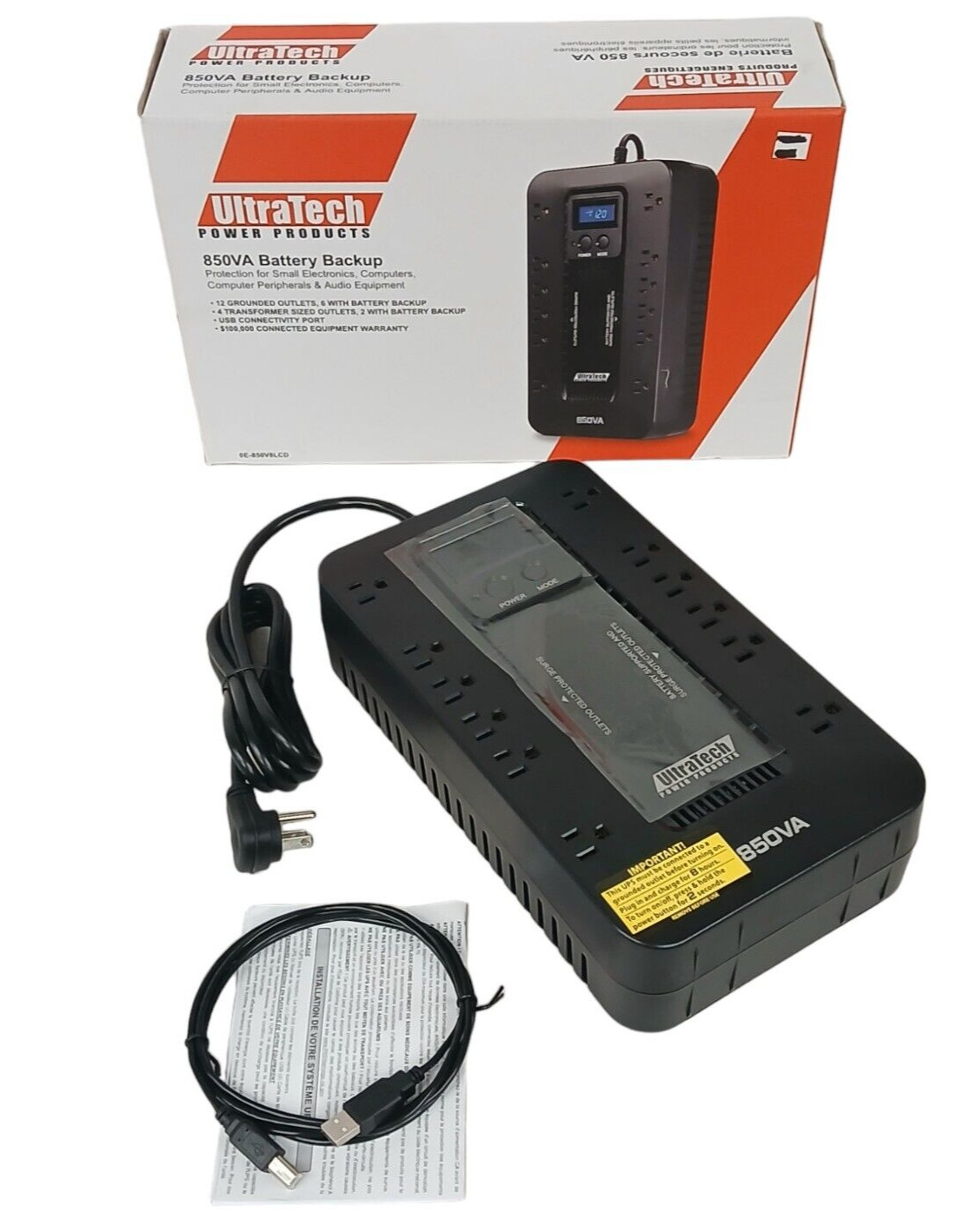 UltraTech 0E-850V8LCD Compact UPS 850VA 12 Grounded Outlets Battery Backup