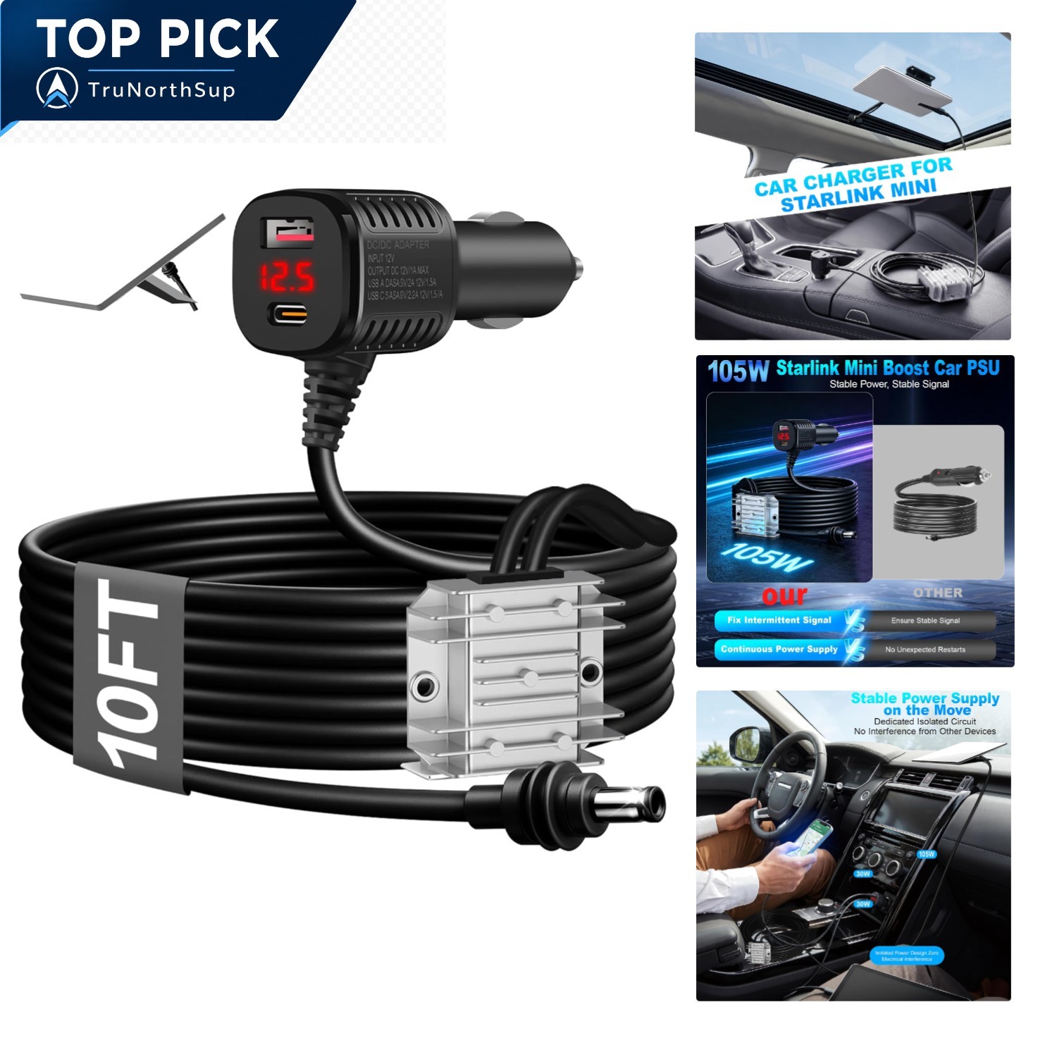 Starlink Mini Car Adapter 105W Boost 12V-24V to 30V for RV, Truck, Marine