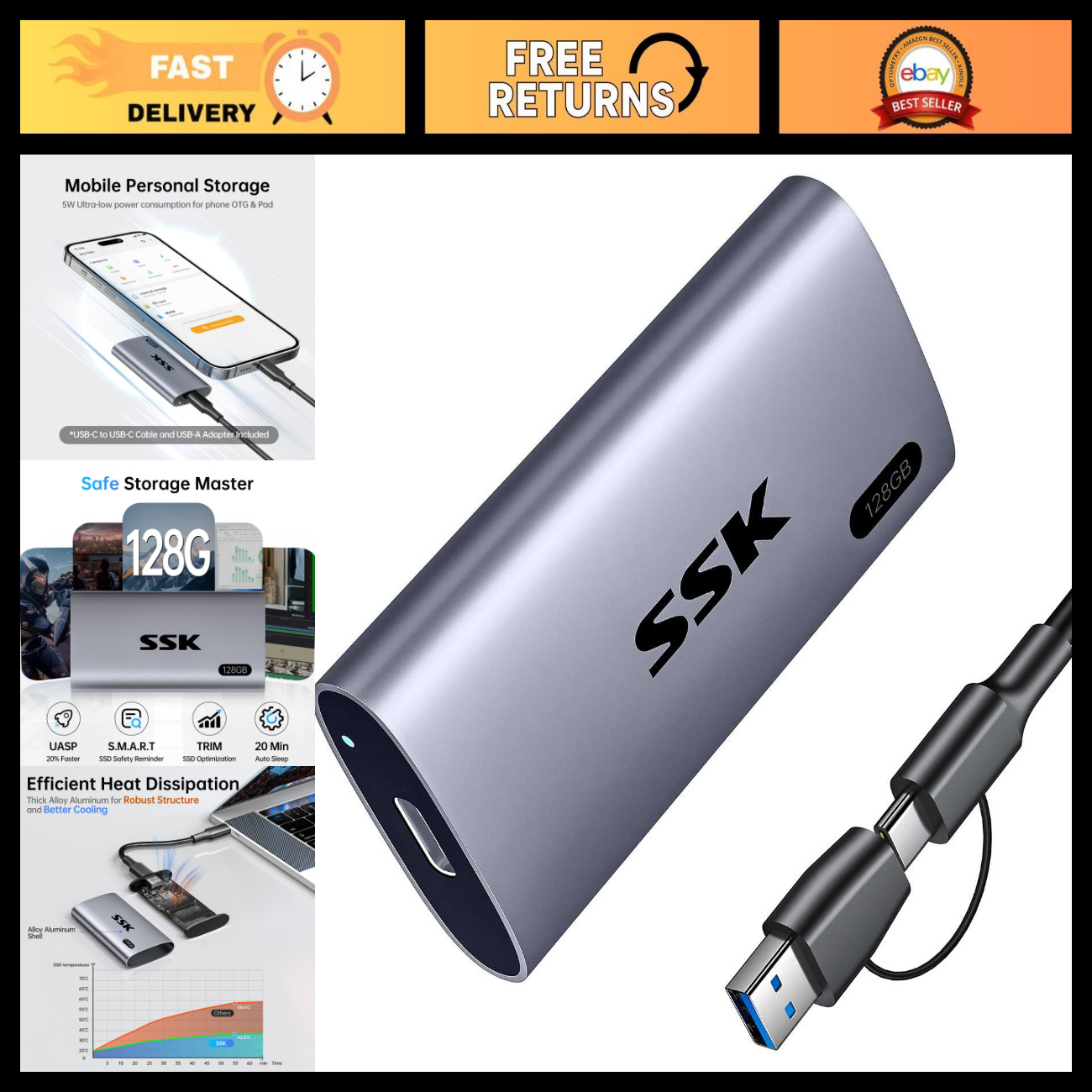 128GB Portable SSD External Hard Drive - Fast 550MB/s Read Speed, Compact Storag