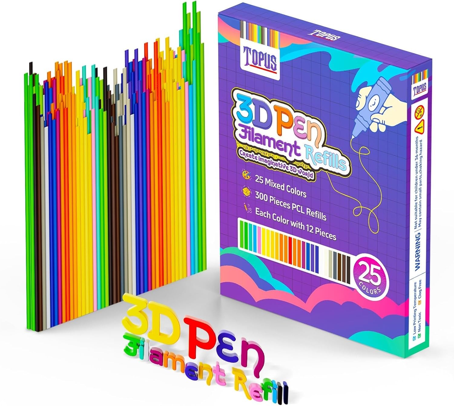 Topus 300Pcs 3D Pen Filament Refills Compatible with 3Doodler Start+ Pen, 25 Col