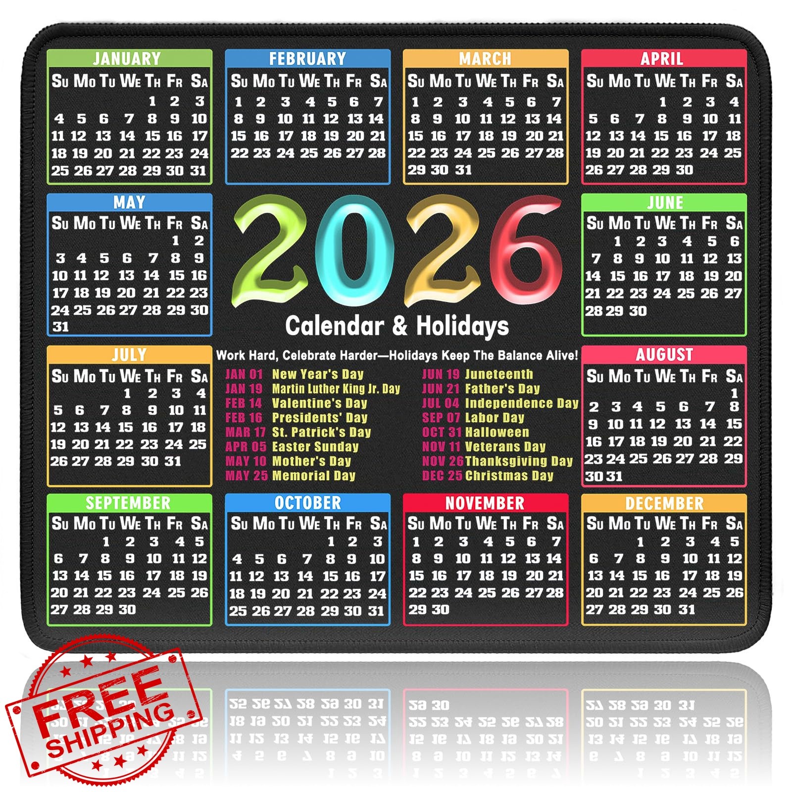 Mouse Pad with 2026 Calendar and Holidays, 11.8"x9.9" | Small Desk Mat, Porta...