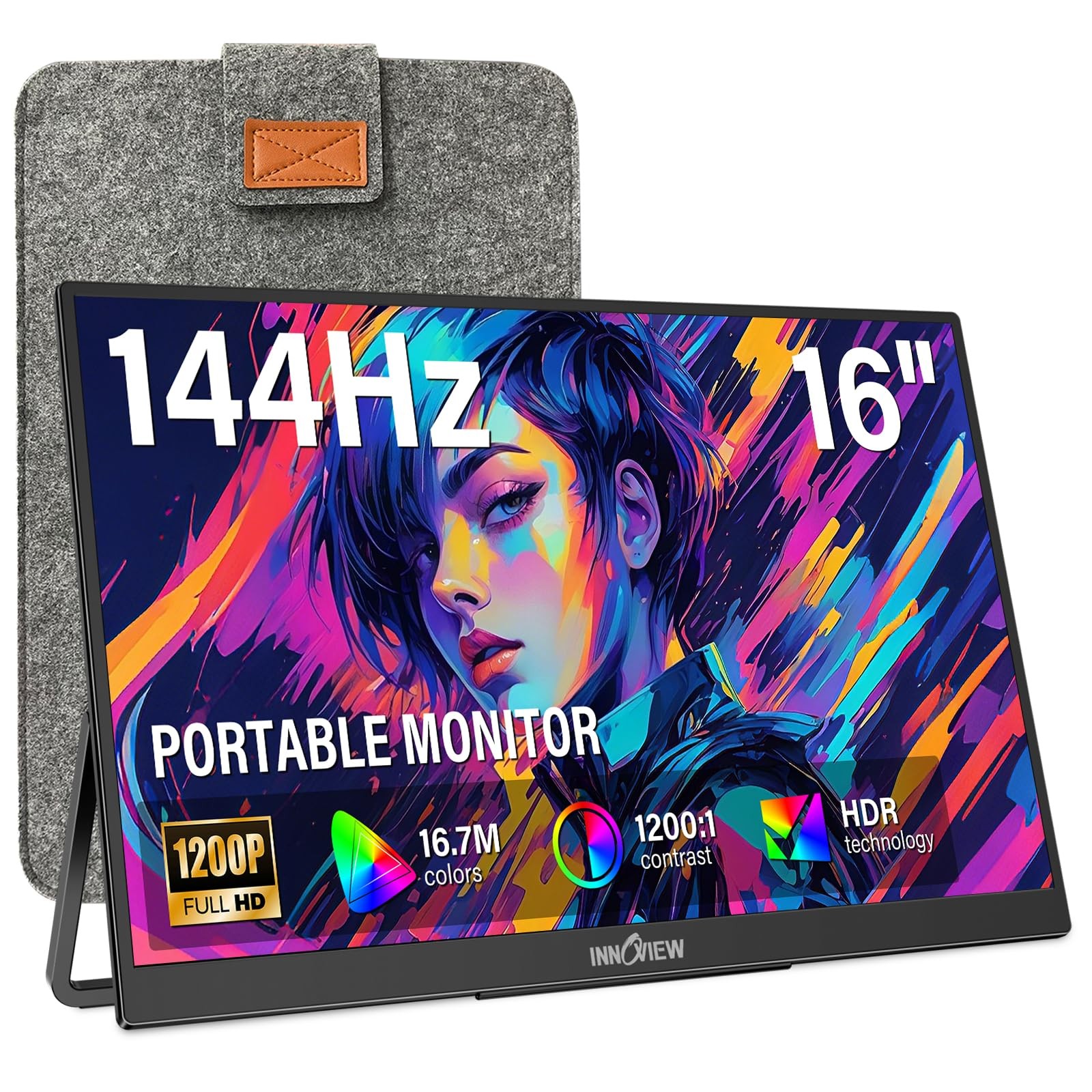 InnoView 16" Portable Monitor 144Hz Portable Gaming Monitor with Protective S...