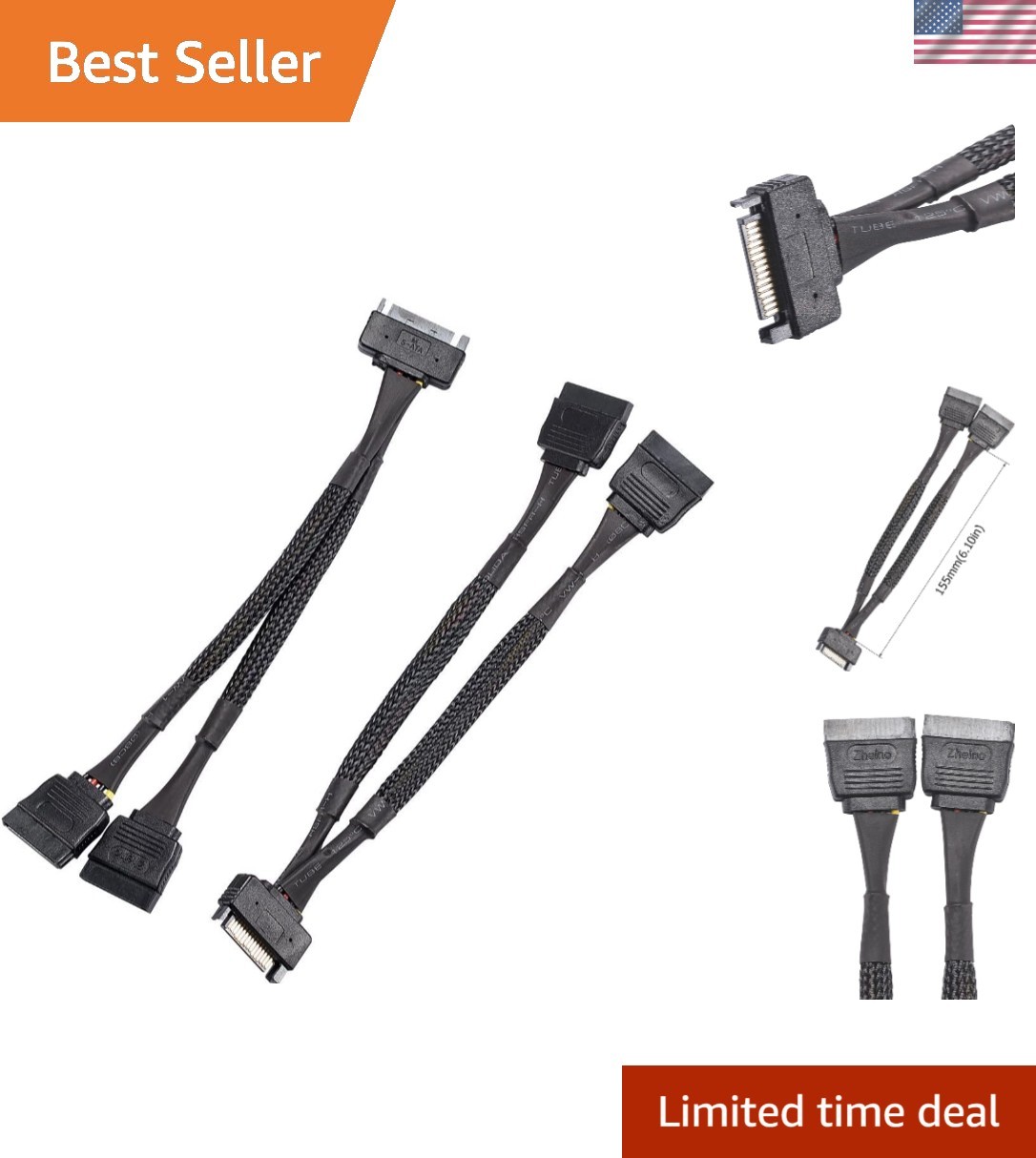 Versatile SATA Power Y-Splitter Cable 2 Pack - 15 Pin for Hard Drives/SSDs
