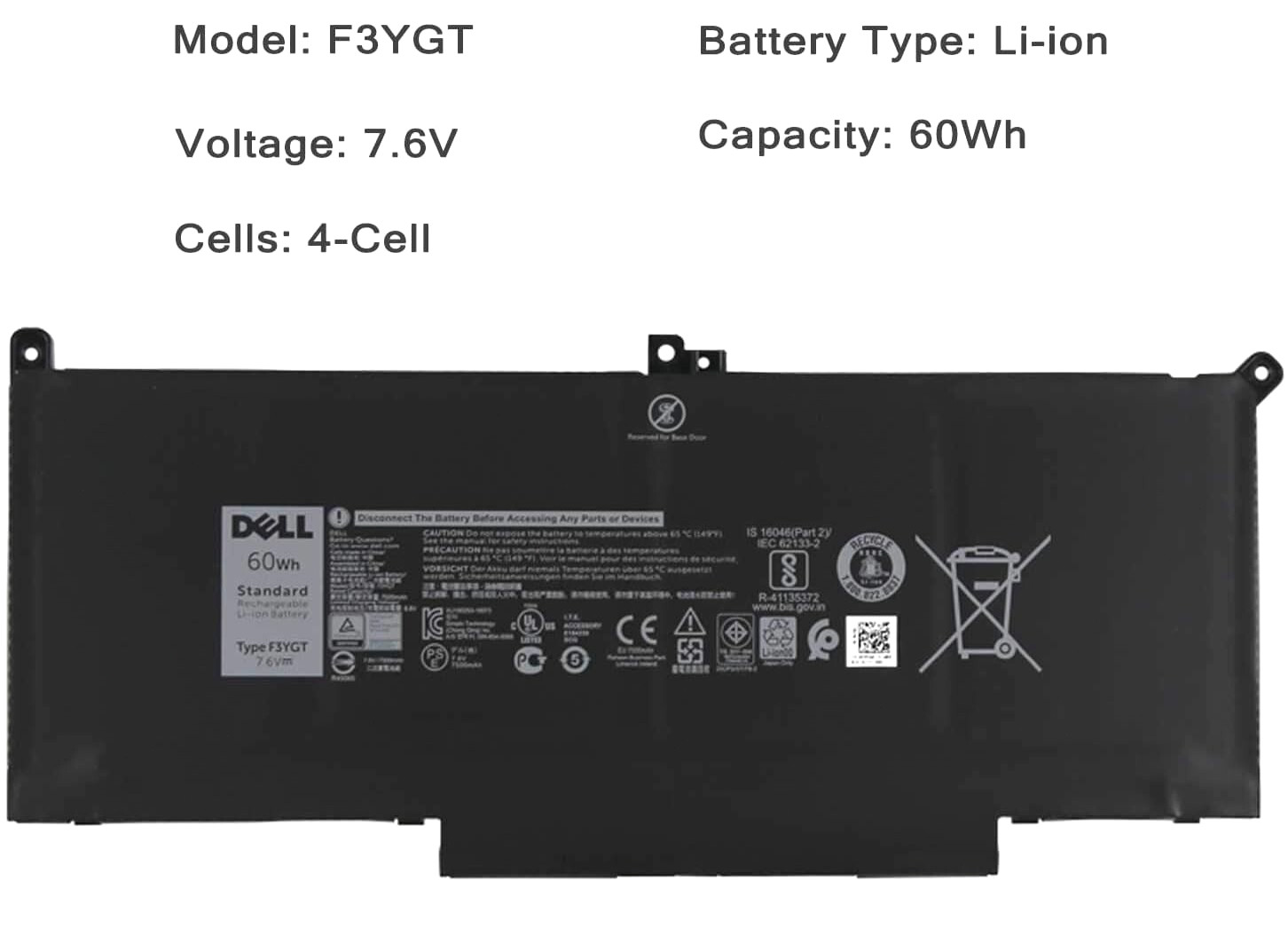 Genuine OEM 60Wh F3YGT Battery For Dell Latitude 7280 7480 7380 7290 7490 7390