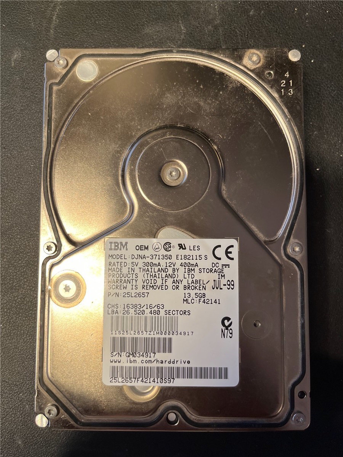 IBM, DJNA-371350, 13.5GB, 3.5" IDE / ATA Hard Drive, HDD P/N 25L2657