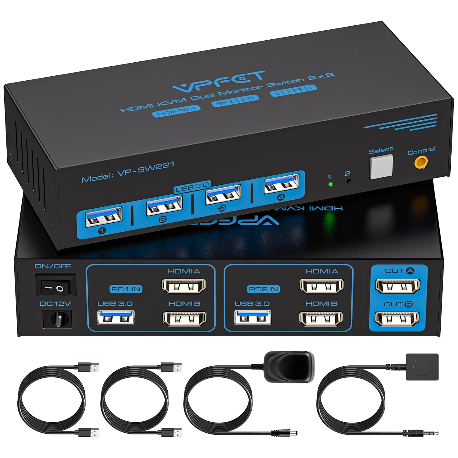 8K HDMI KVM Switch 2 Monitors 2 Computers Dual Monitor Extended Display 8K@60Hz