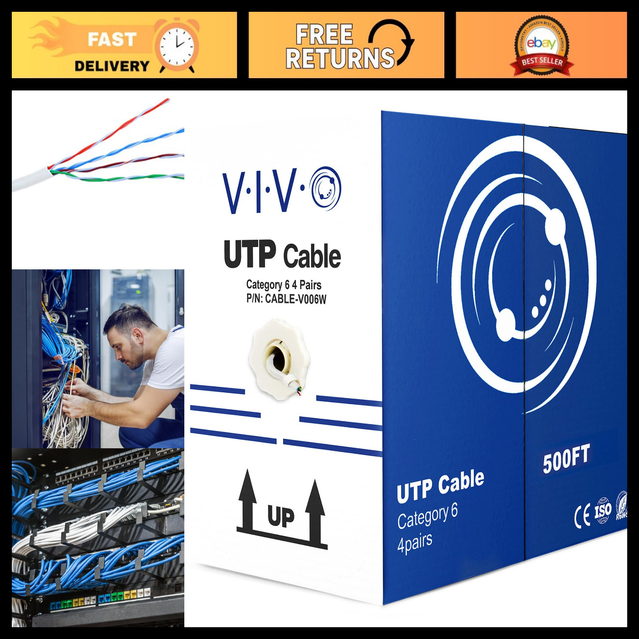 500ft Bulk Cat6 Ethernet Cable - White, High-Speed Network Wire for Internet