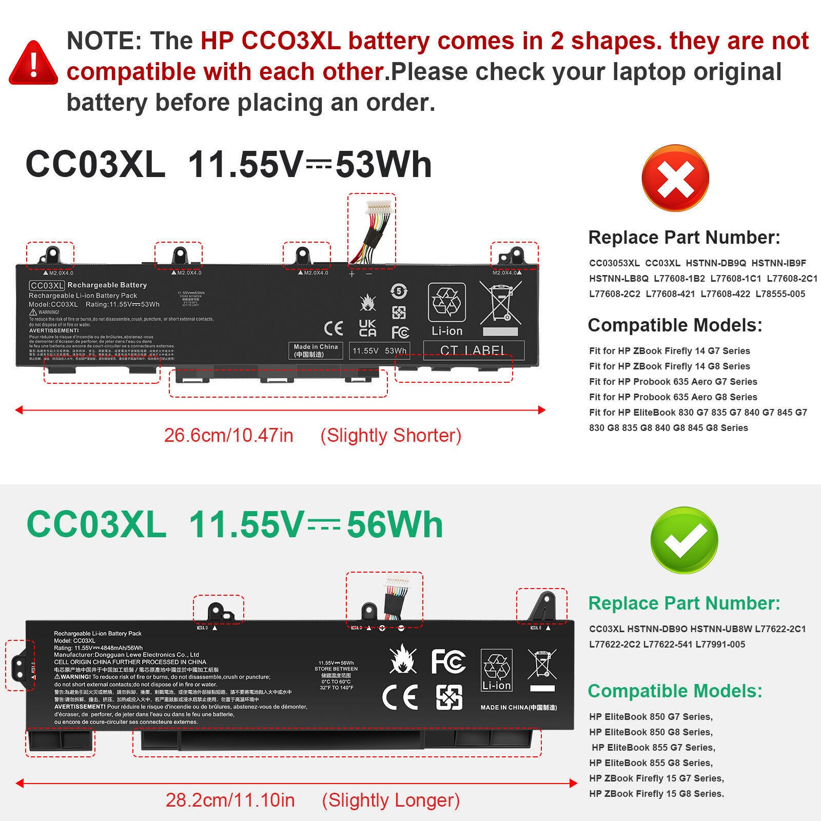 BATTERY CC03XL FOR HP ELITEBOOK 830 835 840 845 G7G8 L78555-005 53Wh/56Wh 11.55V