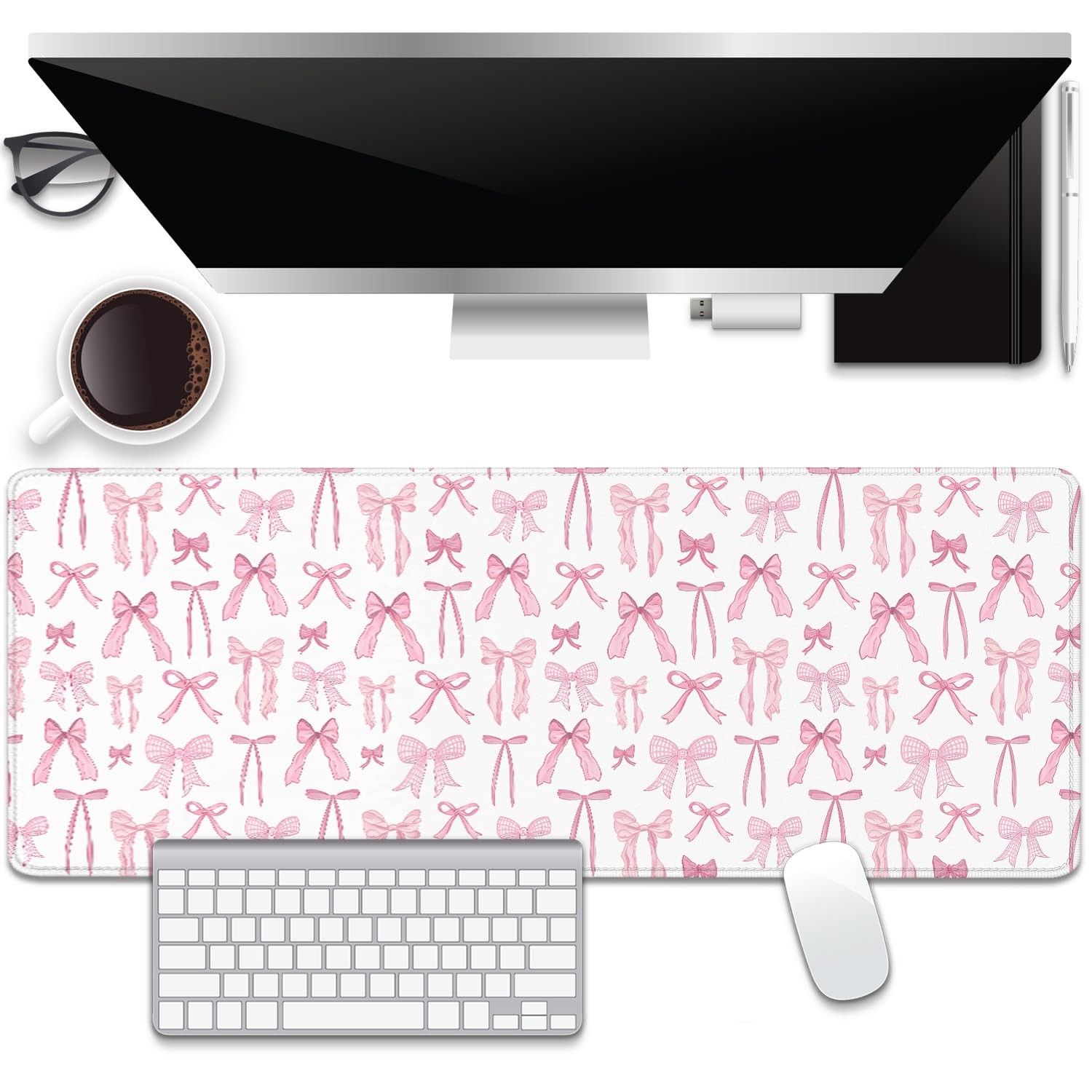 Pink Bow Desk Pad Pad,Large XL Mat with Stitched Edges,Non-Slip Base Mousepad...