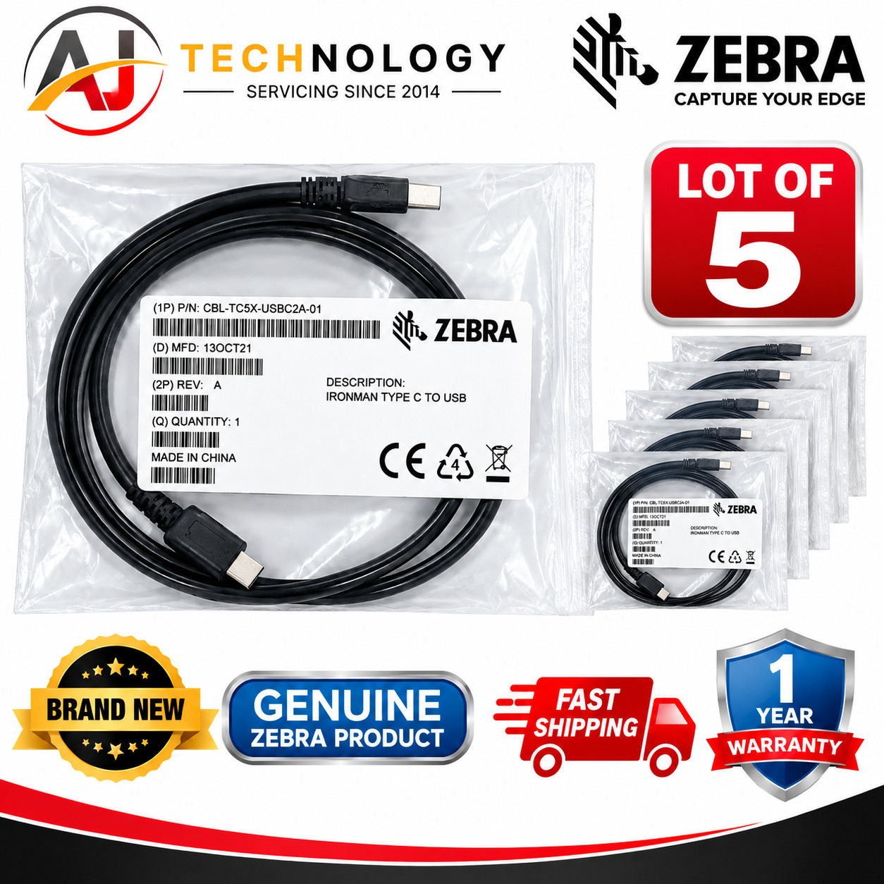 Zebra CBL-TC5X-USBC2A-01 USB-C to USB-A Charging & Data Cable 1M Genuine Cable