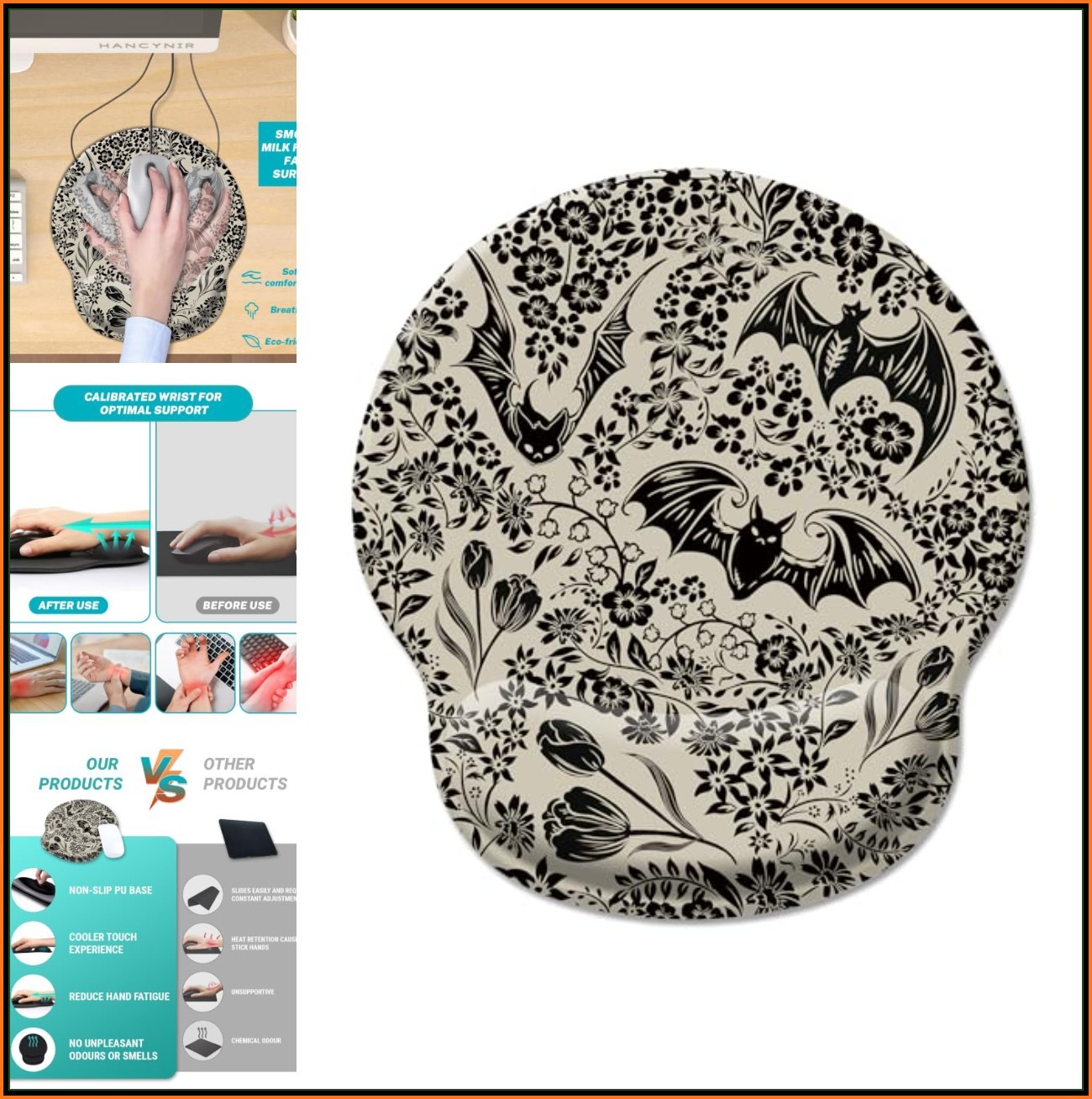 Ergonomic Mouse Pad 9.9 x 8.7 Inch Goth Bat Floral Wrist Support Waterproof