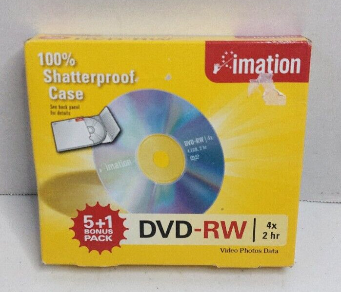 NEW Imation DVD+RW 4X 2 Hour 5 + 1 Bonus Pack 100% Shatterproof Case