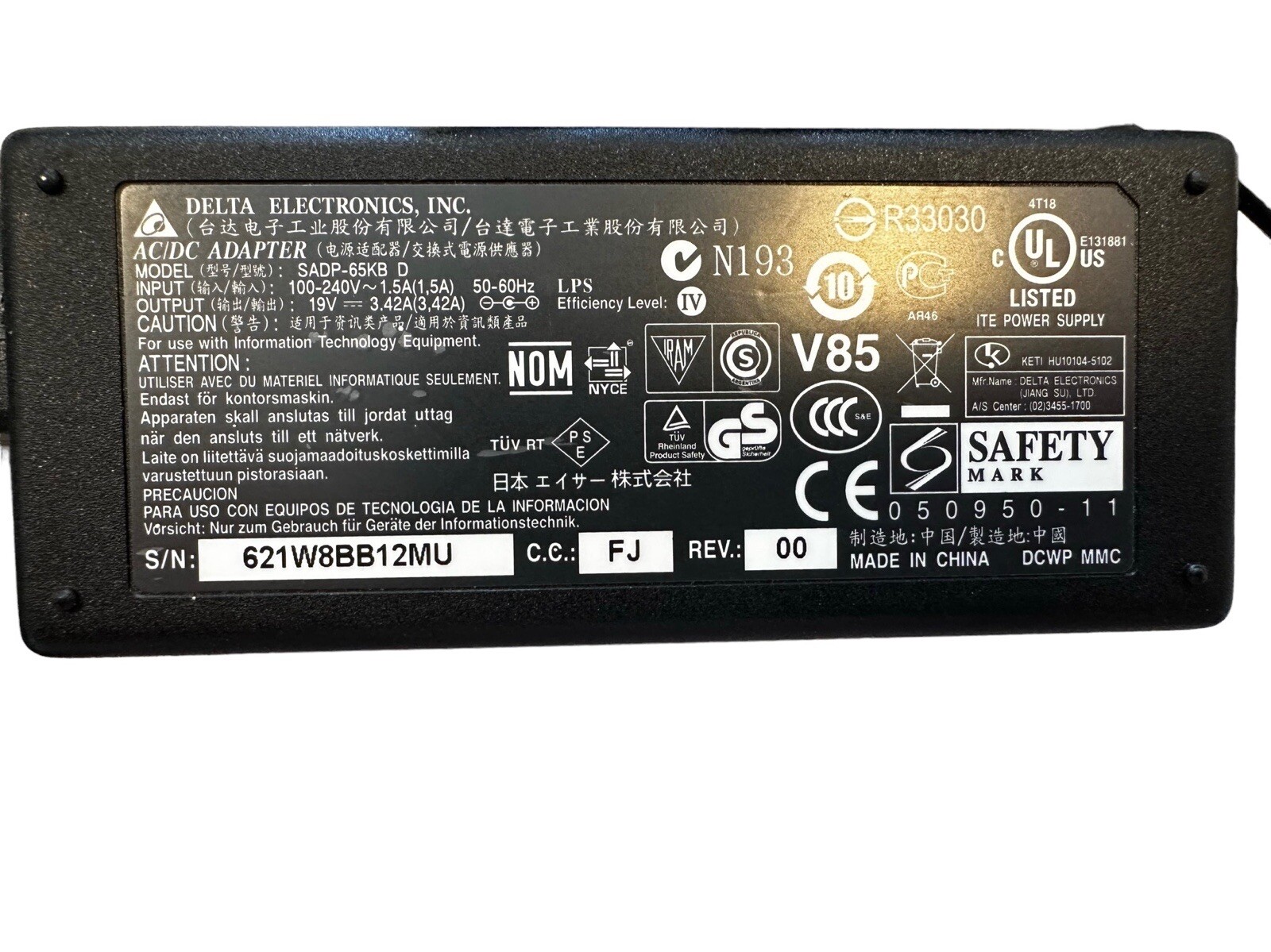 DELTA ELECTRONICS SADP-65KB D, 19V-3.42A/65W, ACER/TOSHIBA LAPTOP , CLOVER..C4D1