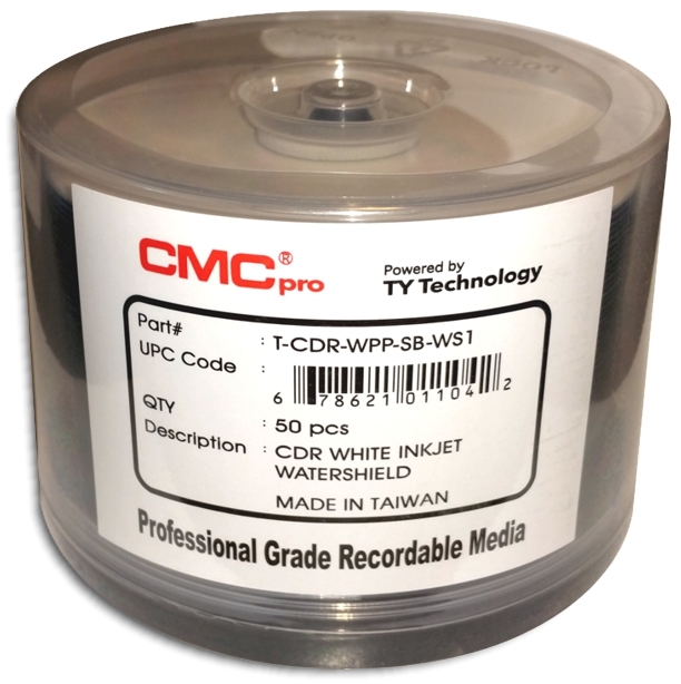 50-Pak CMC PRO =WATERSHIELD & GLOSSY= White Inkjet Hub 52X 80-Min CD-R's