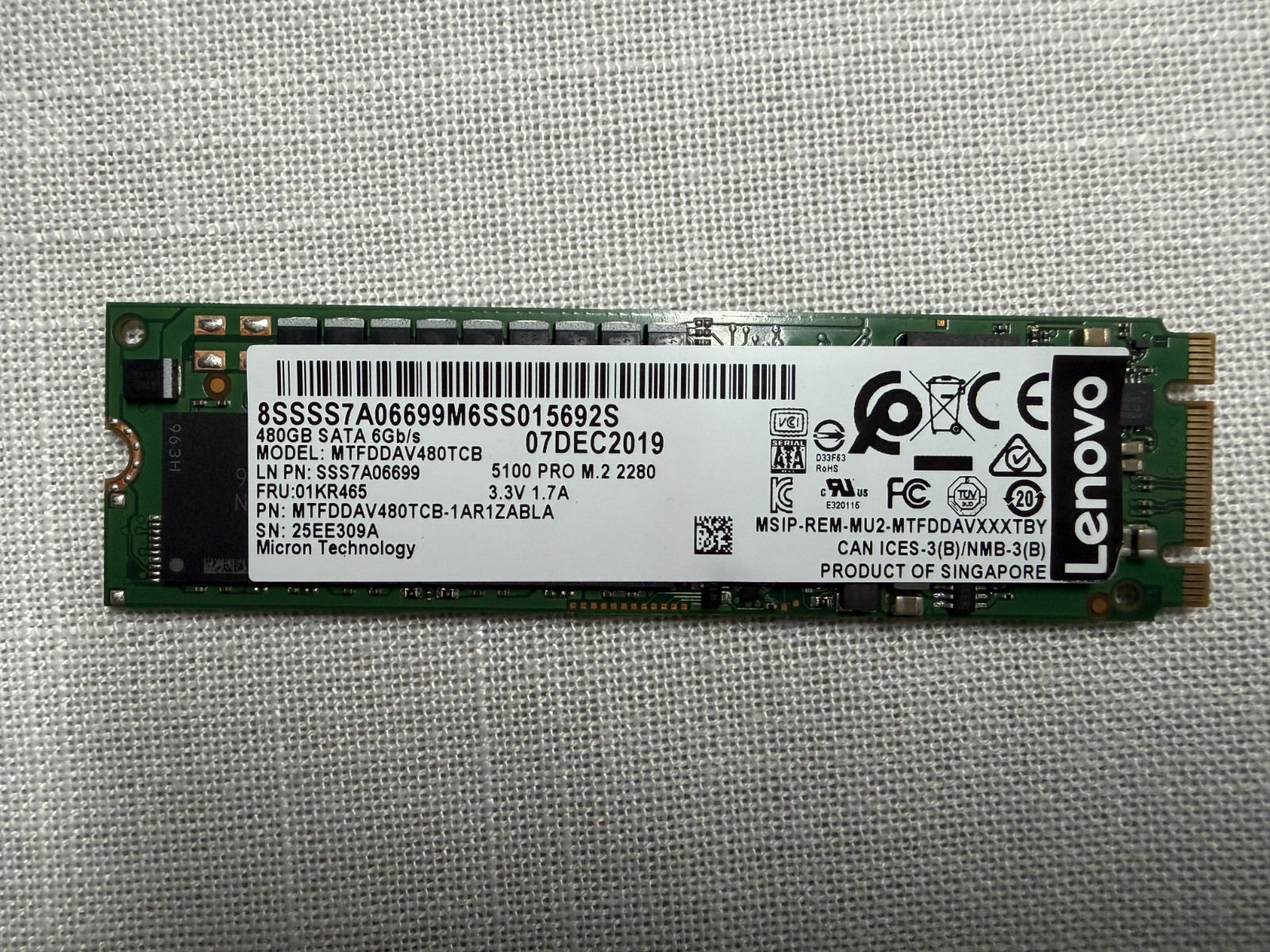 Lenovo Micron 5100 480GB M.2 2280 SATA 6Gb/s SED MTFDDAV480TCB 01KR465