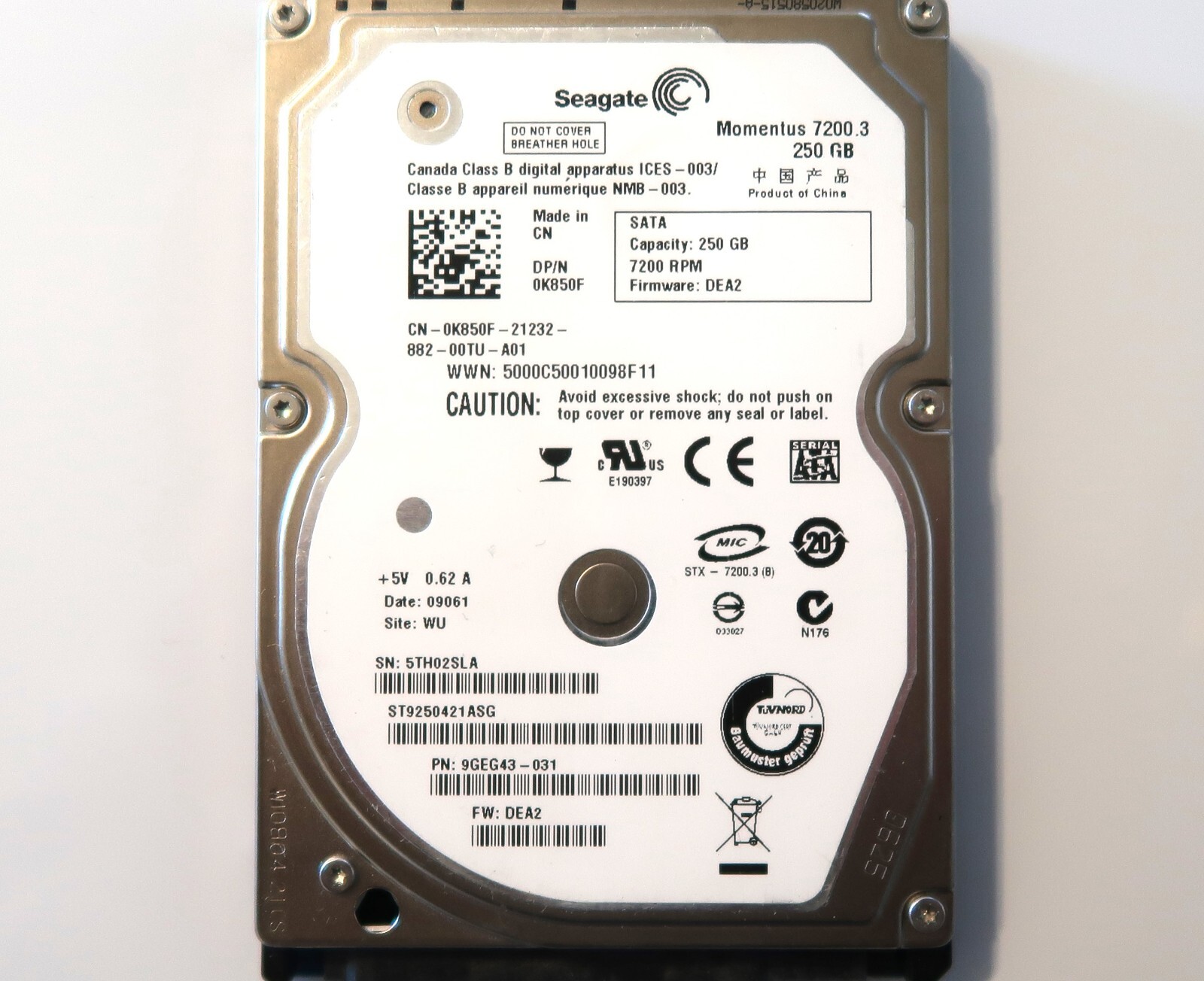 Seagate ST9250421ASG 9GEG43-031 DEA2 (5TH) China WU 250gb 2.5" Sata HDD 08/2008