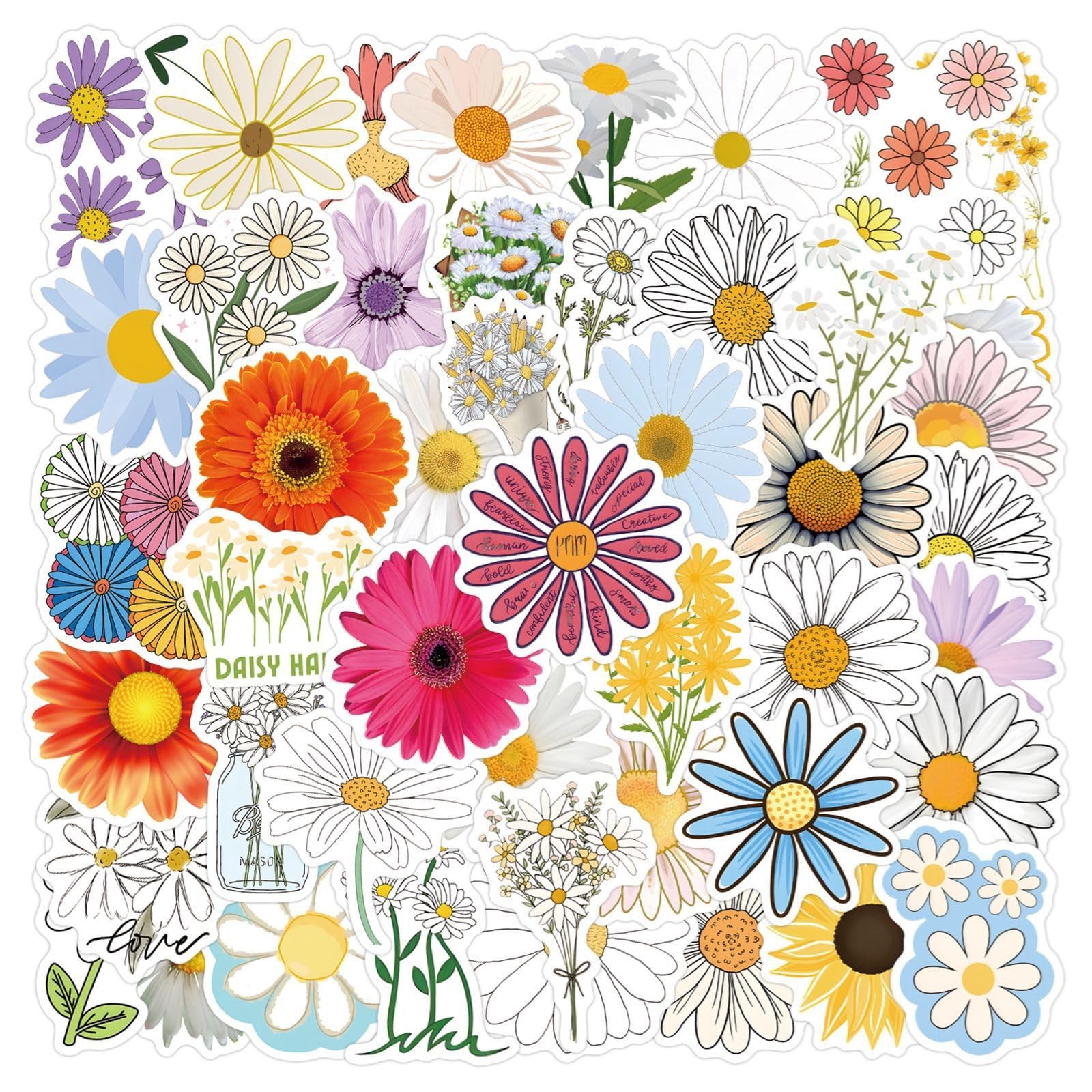 Cute Daisy Stickers 55PCS Beautiful Plants Waterproof Flower Stickers for Water