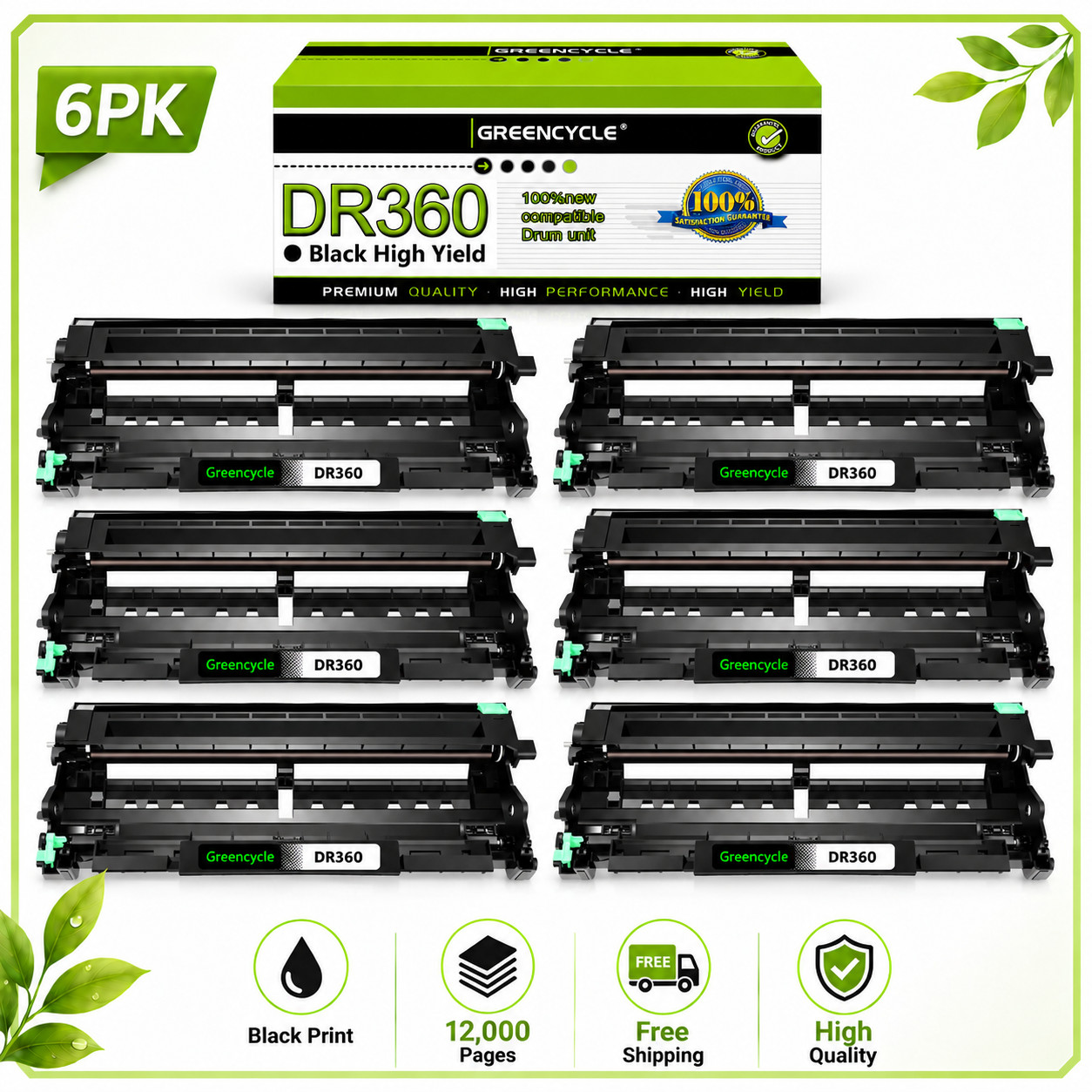 6PK DR360 Black High Yield Drum Unit Compatible with Brother MFC-7345N MFC-7440N