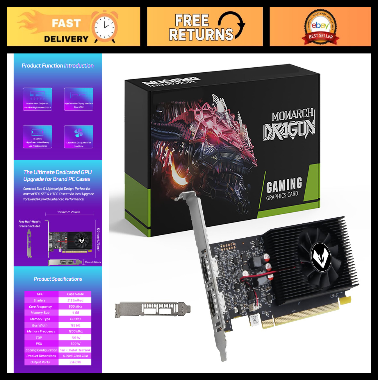 4GB GDDR3 Low Profile Graphics Card, Dual HDMI Ports, AMD Radeon R7 350 Upgrade