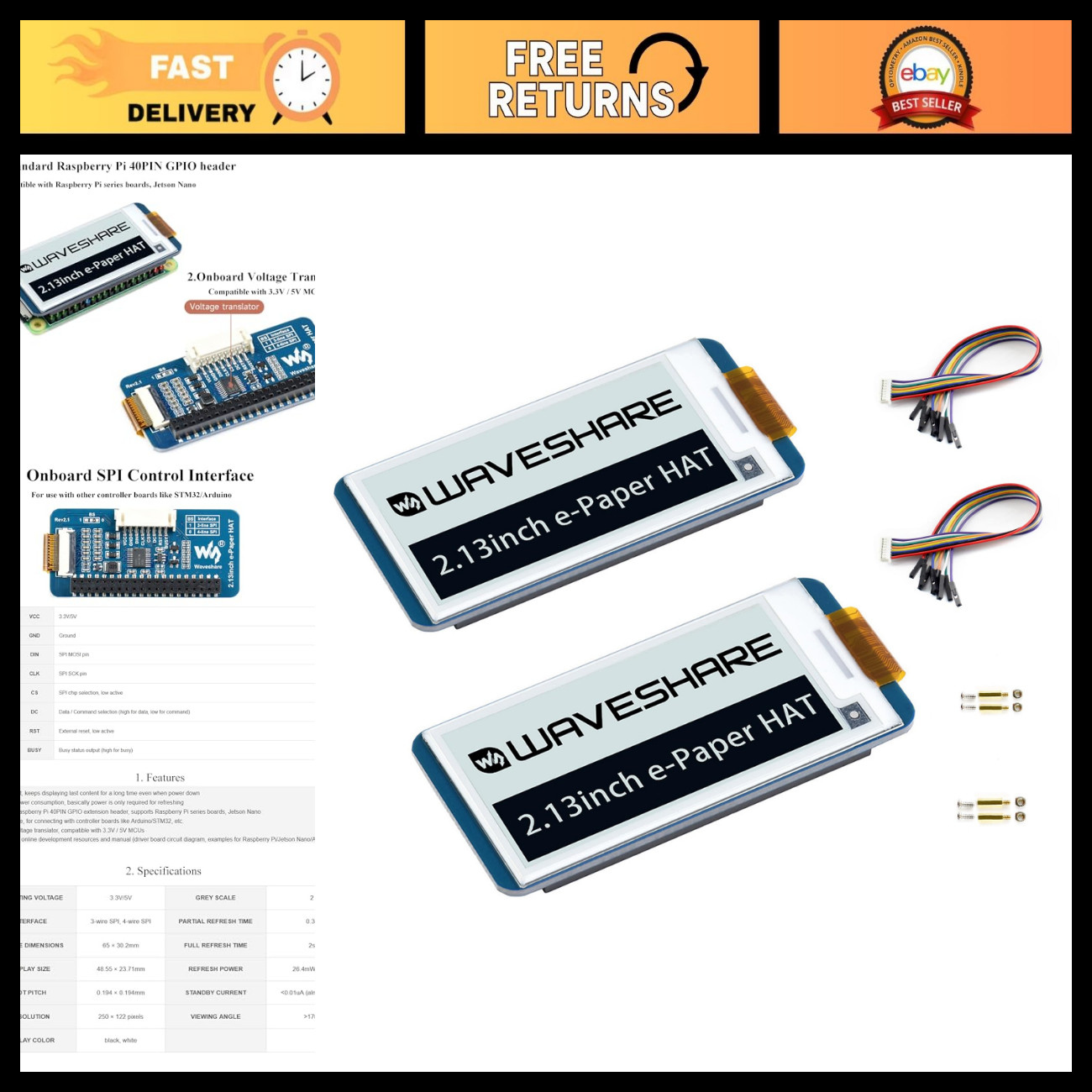 2PCS 2.13" E-Ink Display HAT, 250x122 Pixel E-Paper Module, SPI Interface