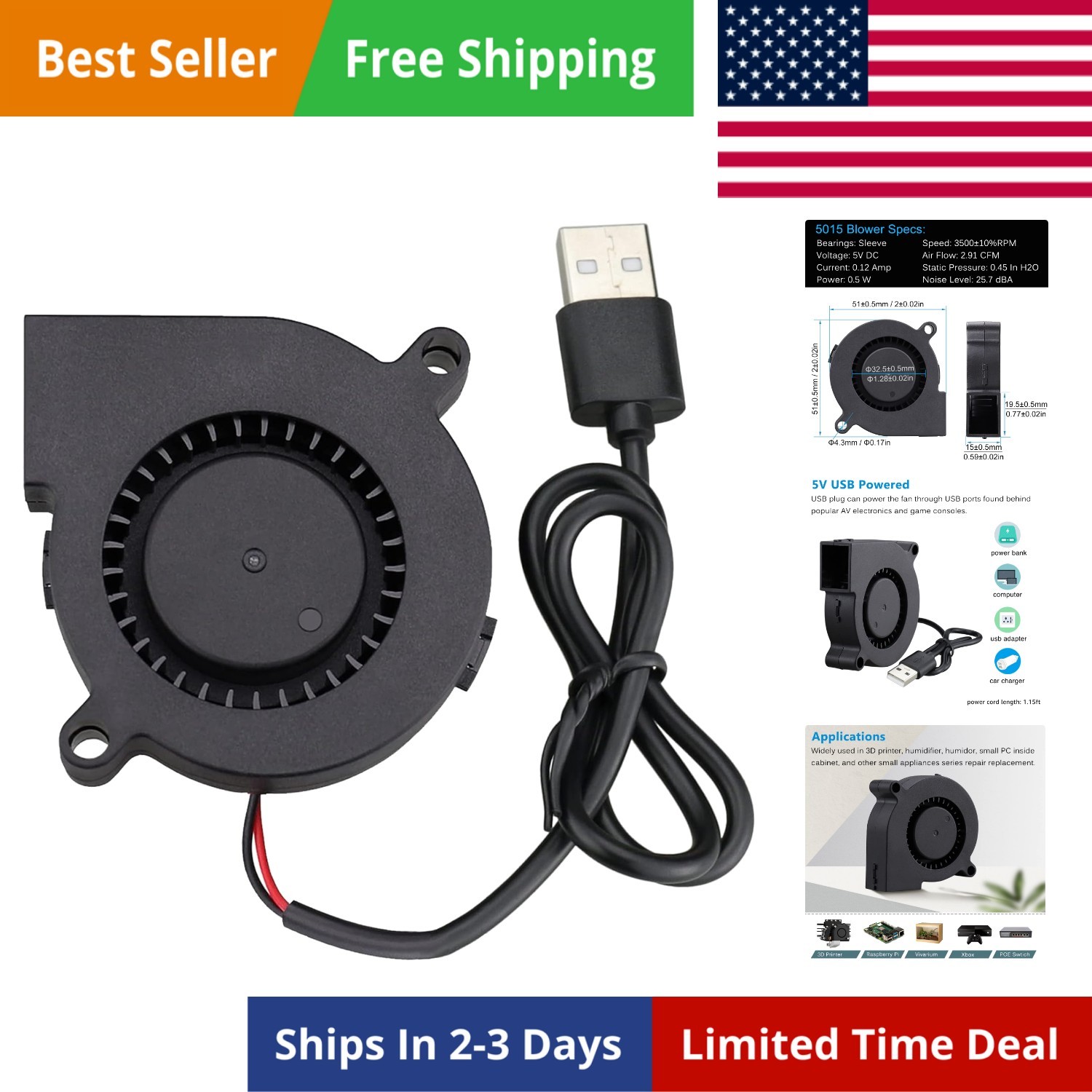 50mm USB Blower Fan with 3 Speeds Control, 5015 DC 5V Turbine Turbo Cooling F...