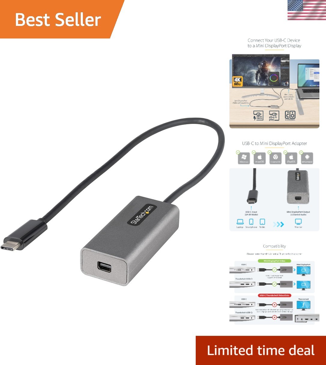 StarTech 12in USB-C to Mini DisplayPort Adapter | 4K 60Hz Ultra HD Connection