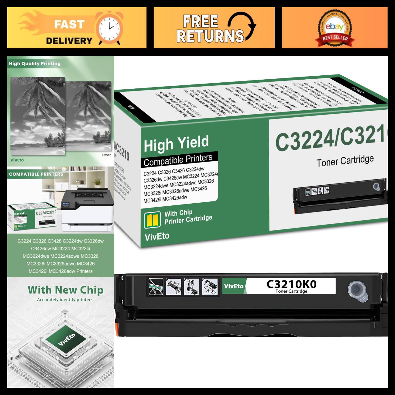 High-Yield Black Toner Cartridge with New Chip for C3210 C3224 MC3426 Printers