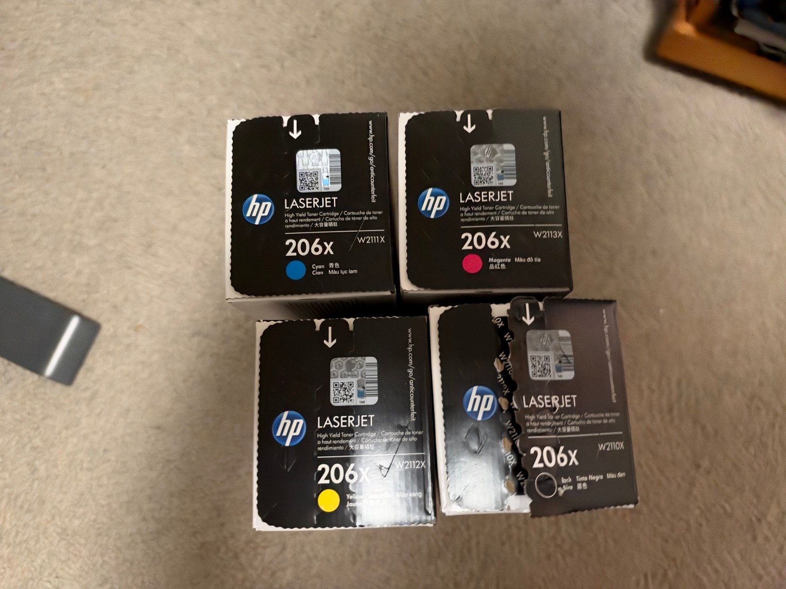 HP 206X High Yield Toner Set OEM W2110X–W2113X — 3 Sealed + Black Opened Unused