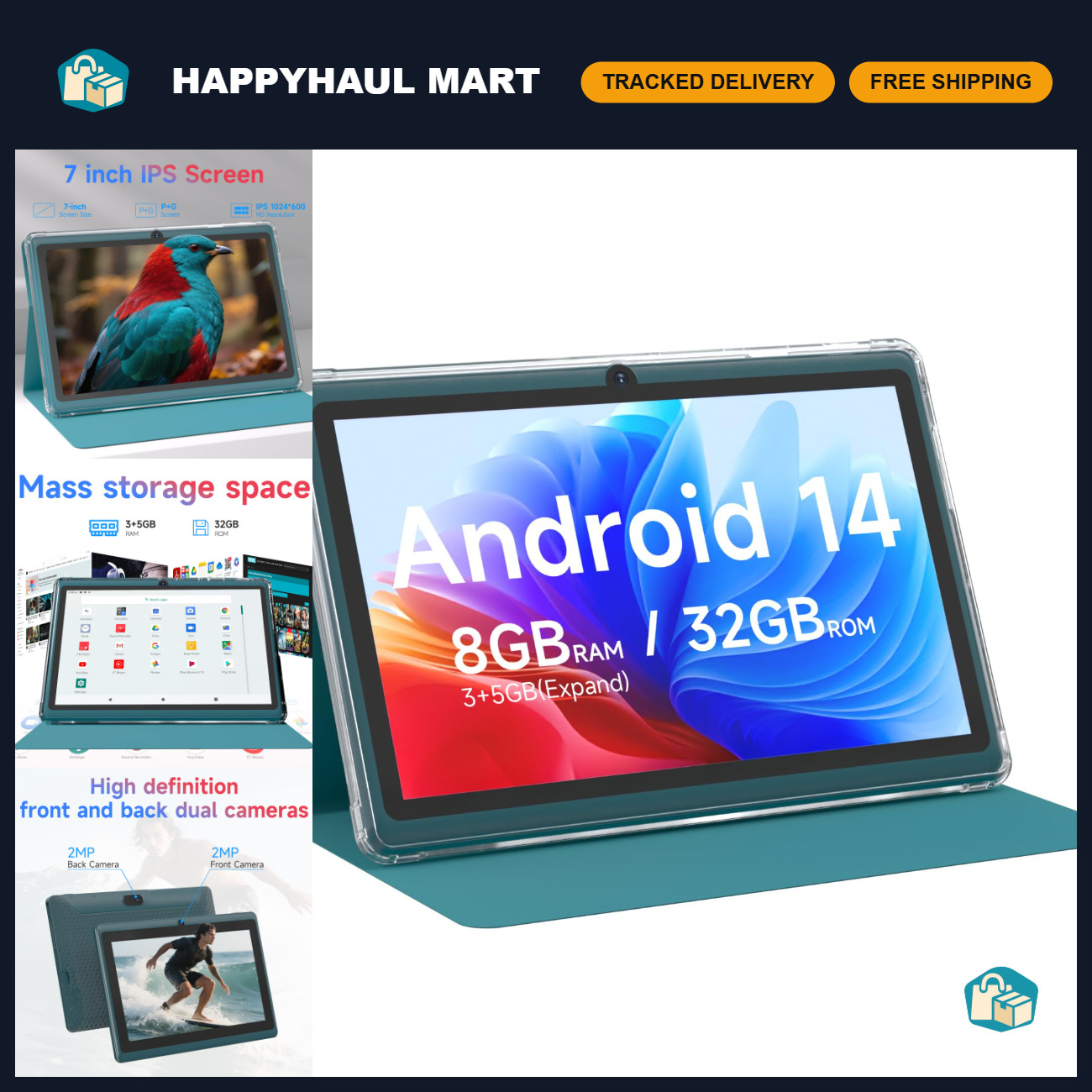 7" Android 14 Tablet, 8GB RAM, 32GB Storage, Quad-Core, Dual Camera, Bluetooth,