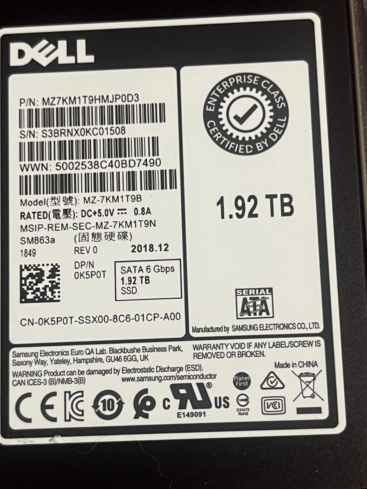 Dell 1.92TB SATA 6Gbps 2.5" Enterprise SSD Samsung SM863a 0K5P0T MZ7KM1T9HMJP0D3