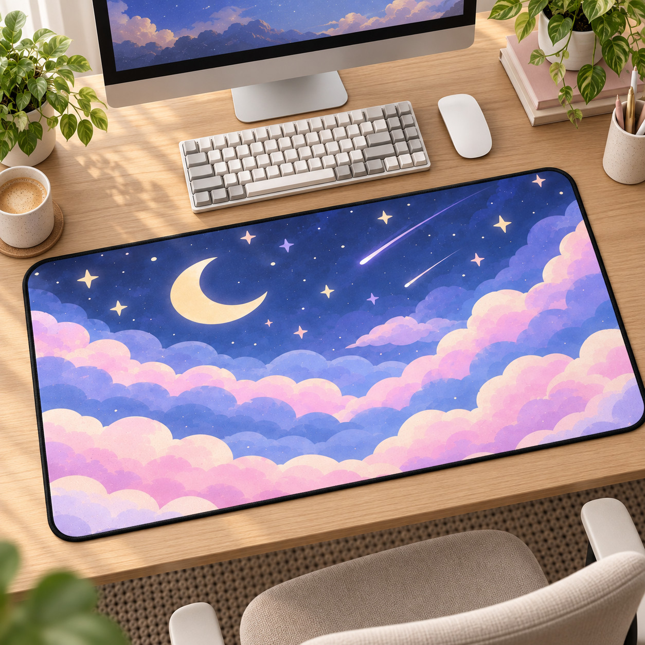 Celestial Desk Mat, Pastel Moon Cloud Mouse Pad, Dreamy Kawaii Desk Decor