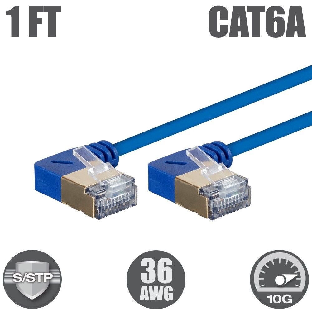 1-50FT Cat6A RJ45 Network LAN Ethernet 90 Degree S/STP Cable Slim 10Gb 36AWG LOT