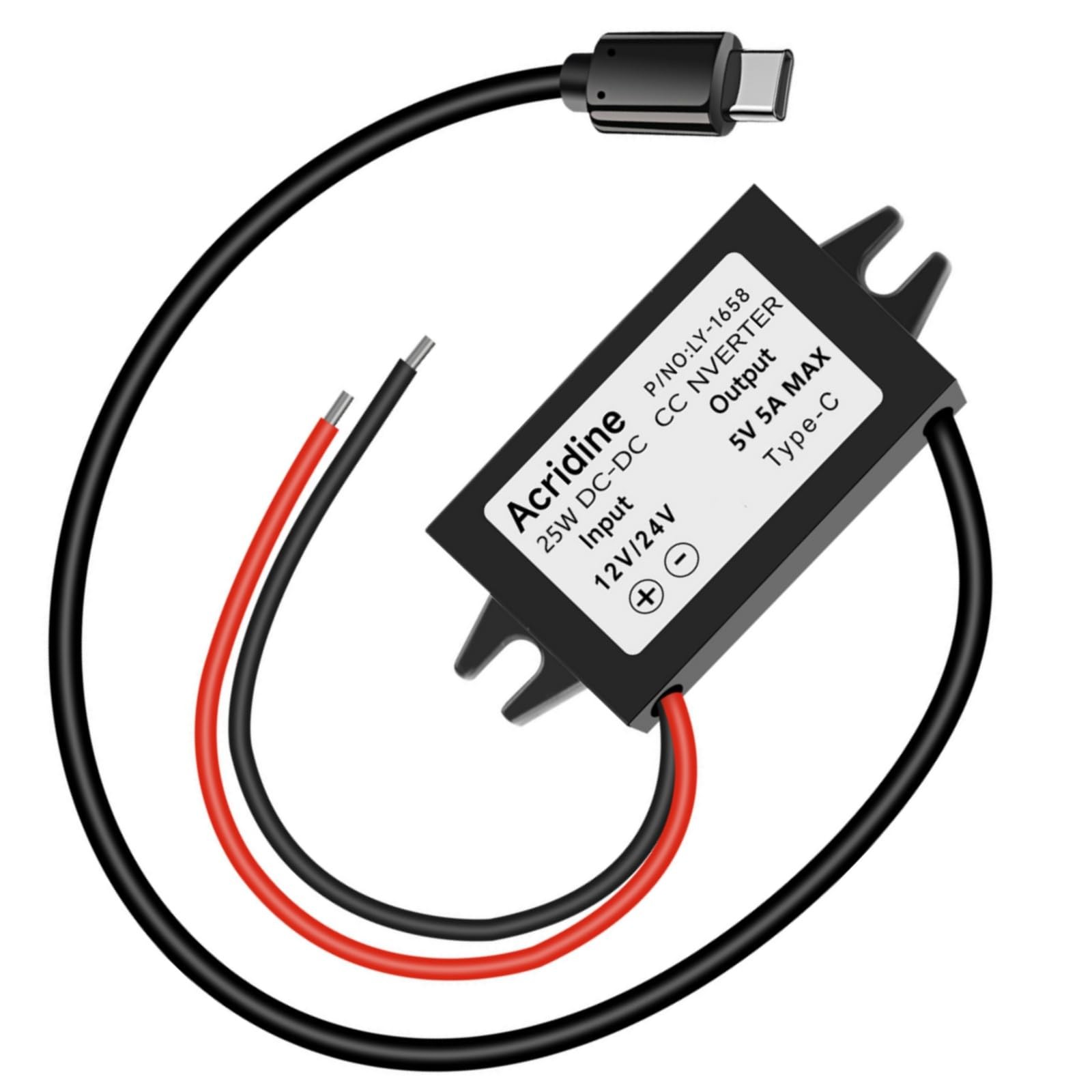 DC 12V/24V to 5V USB C Buck Converter 5A 25W Type-C Output Charging Black 
