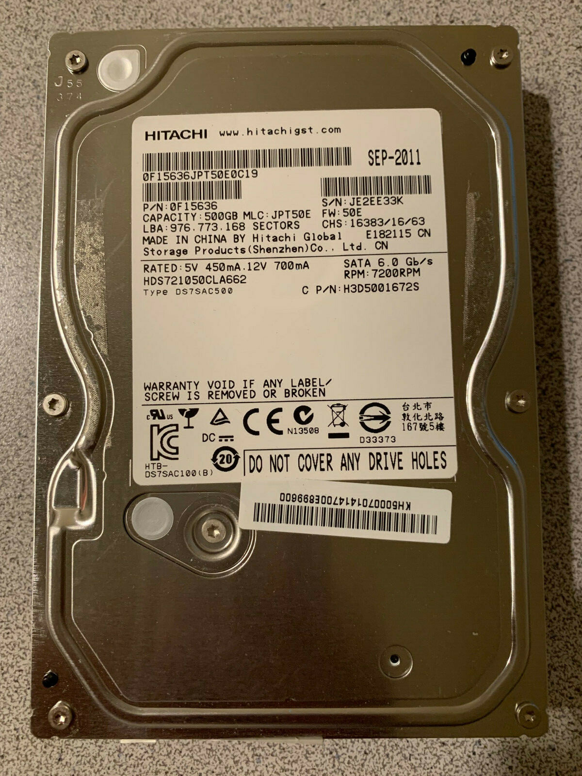 Hitachi HDS721050CLA662 500GB SATA HD p/n:0F15636