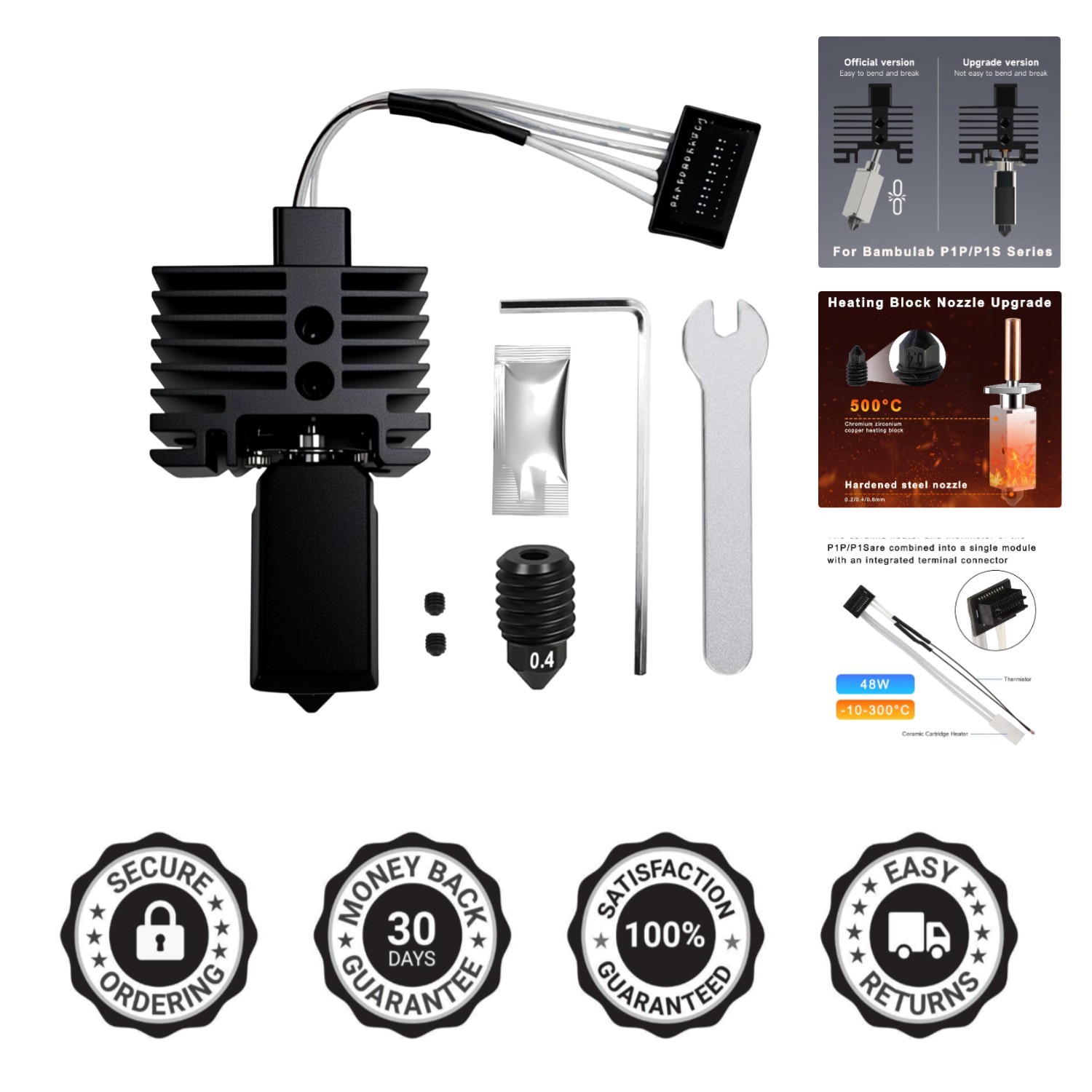 Hotend Kit for Bambu Lab P1P P1S - 0.4mm Durable Nozzle & Ceramic Heater